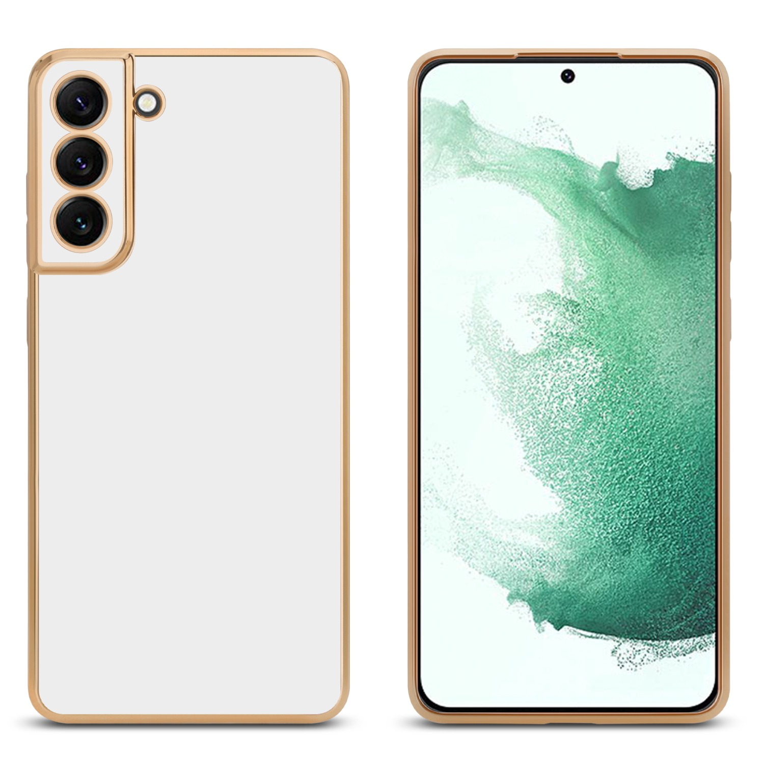 Eine Handyhülle mit goldenem Rahmen und ein Telefon mit grün-weißem Bildschirm.