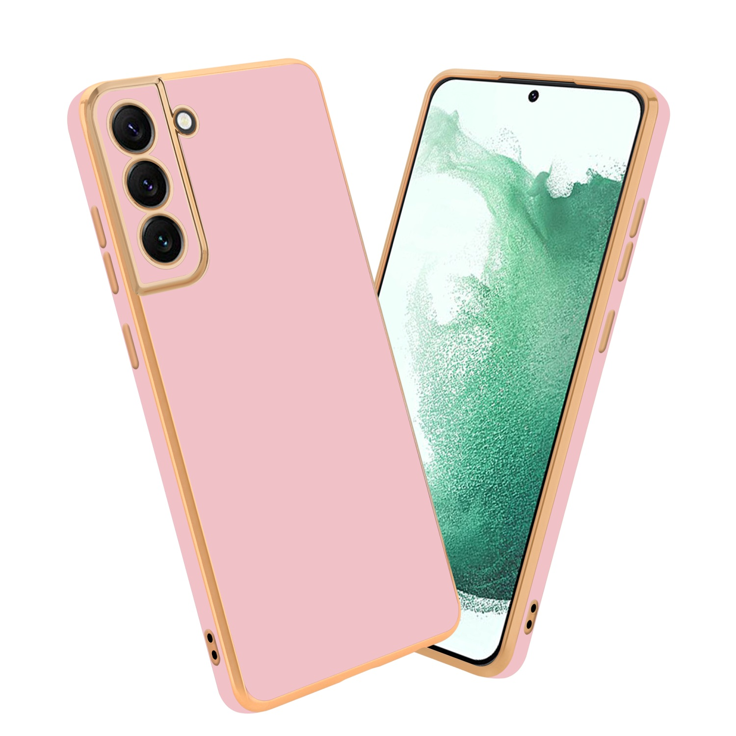 Rosa Handycase mit Goldrand, neben einem Handy mit rosa Hintergrund.