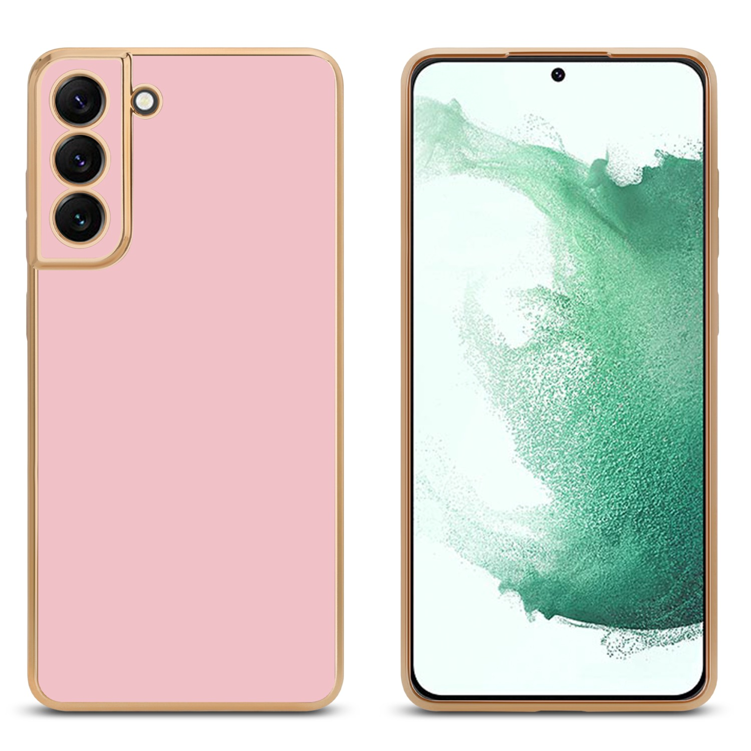Ein rosa Telefon mit goldenem Rand wird mit zwei Ansichten gezeigt, die Rückseite und Vorderseite zeigen.