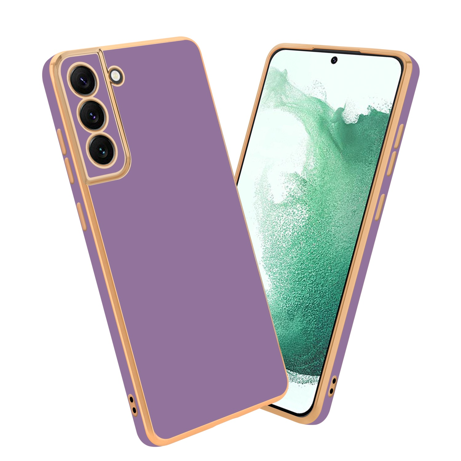 Lila und goldene Handyhülle mit einem Telefon darin. Die Hülle hat Kameraausschnitte. Der Bildschirm des Telefons ist sichtbar.