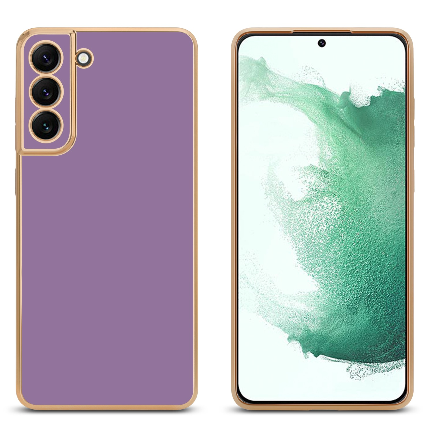 Lila Handyhülle mit goldener Einfassung, neben dem Telefon. Der Bildschirm zeigt einen grünen Hintergrund.
