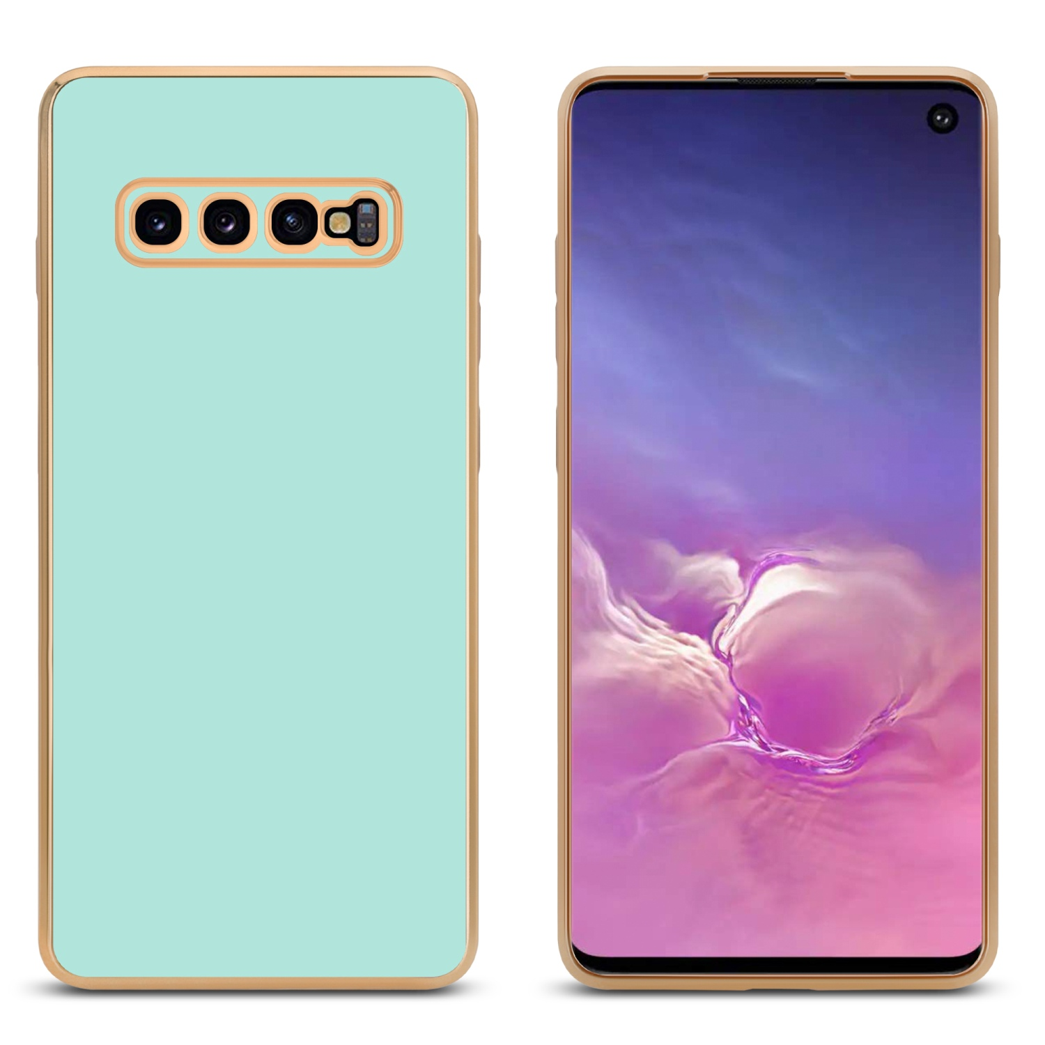 Mintfarbene Handyhülle mit einem Telefon, beide mit goldenen Rändern. Der Telefonbildschirm ist sichtbar.