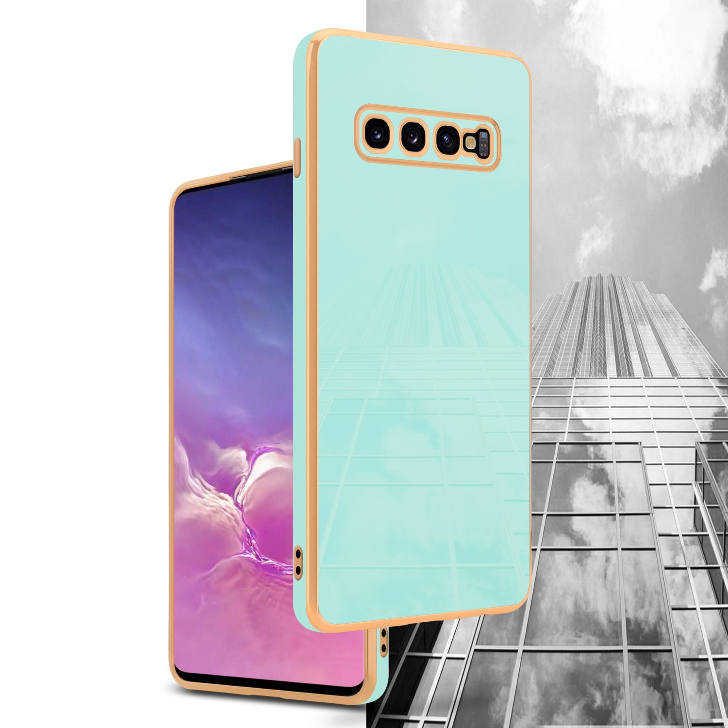 Glossy Grün Backcover, - Kameraschutz, CADORABO PLUS, Mint S10 Handyhülle Galaxy mit Gold Samsung,