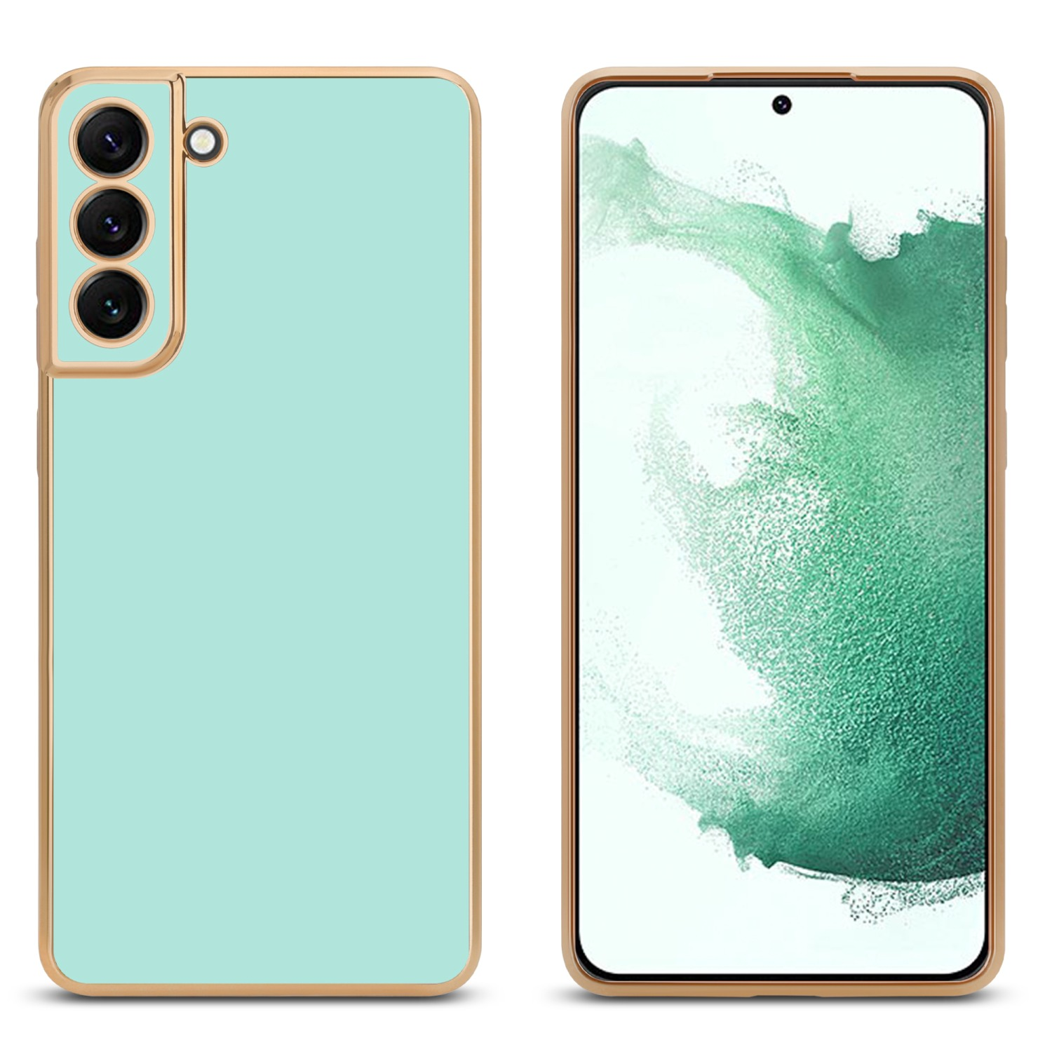 Zwei Telefone, eines mit Hülle, das andere zeigt das Telefon, beide mintgrün mit goldenem Rand.