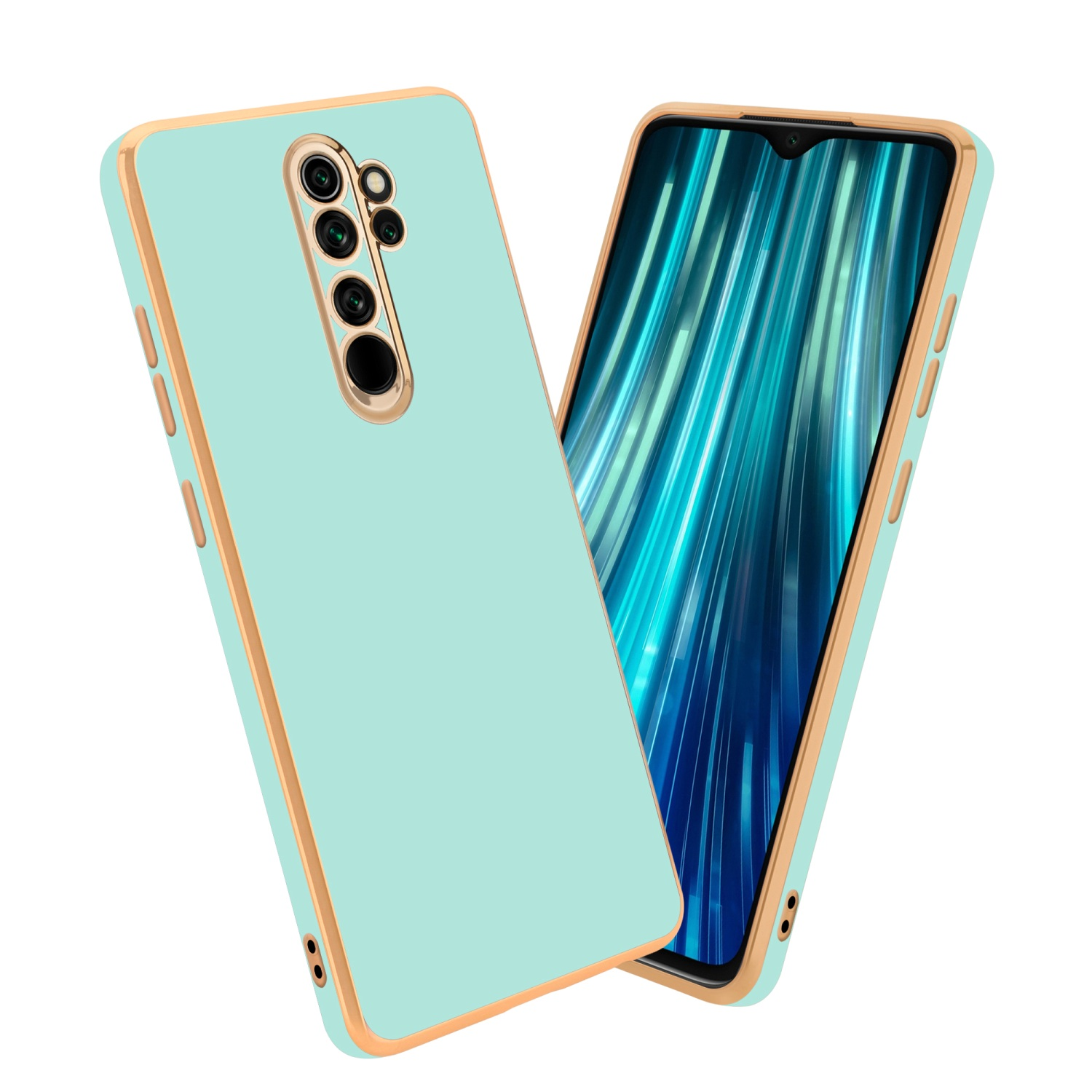 Minzgrüne Handyhülle mit goldenen Rändern. Telefon mit sichtbarer Kamera.