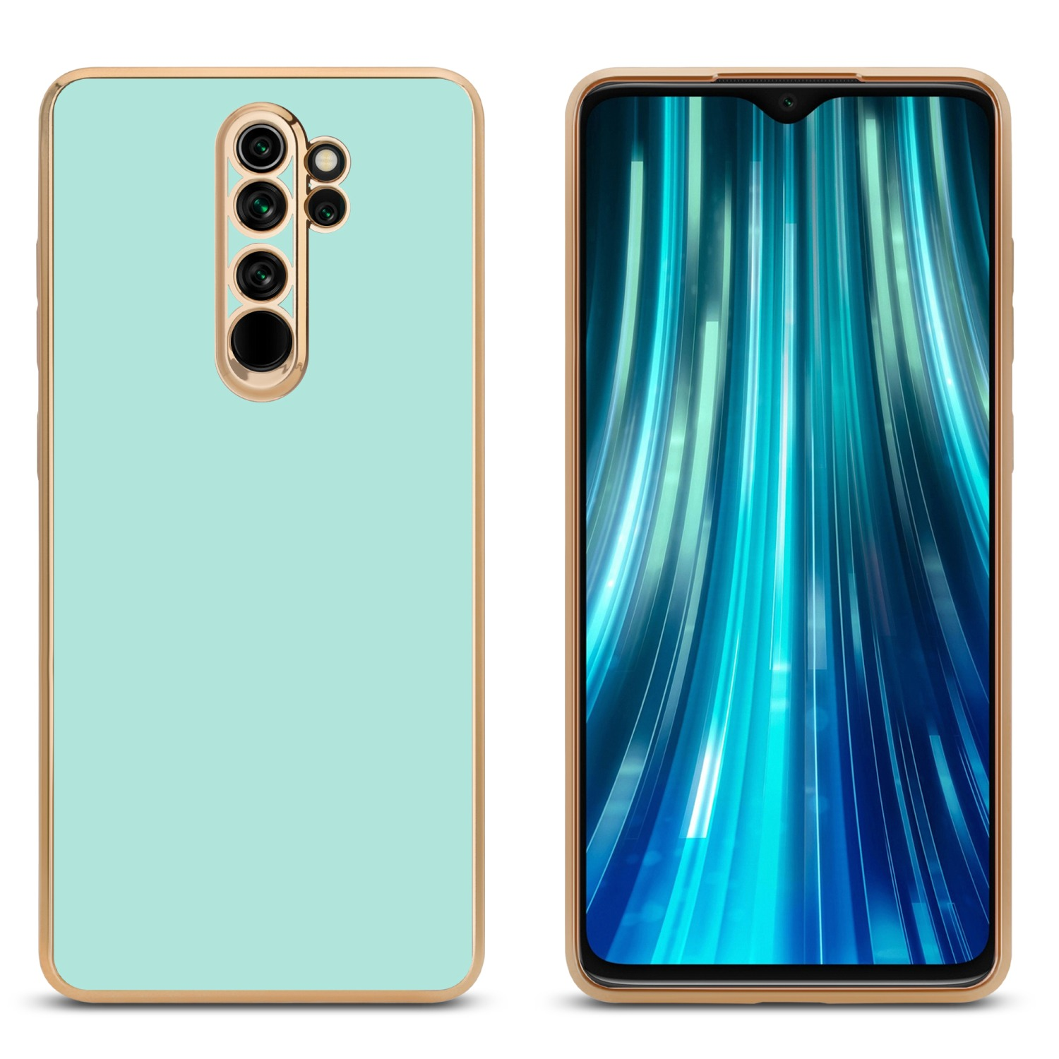 Zwei Telefone: mintgrüne Handyhülle und Telefon mit blauen Linien, abstrakte Farben zeigend.