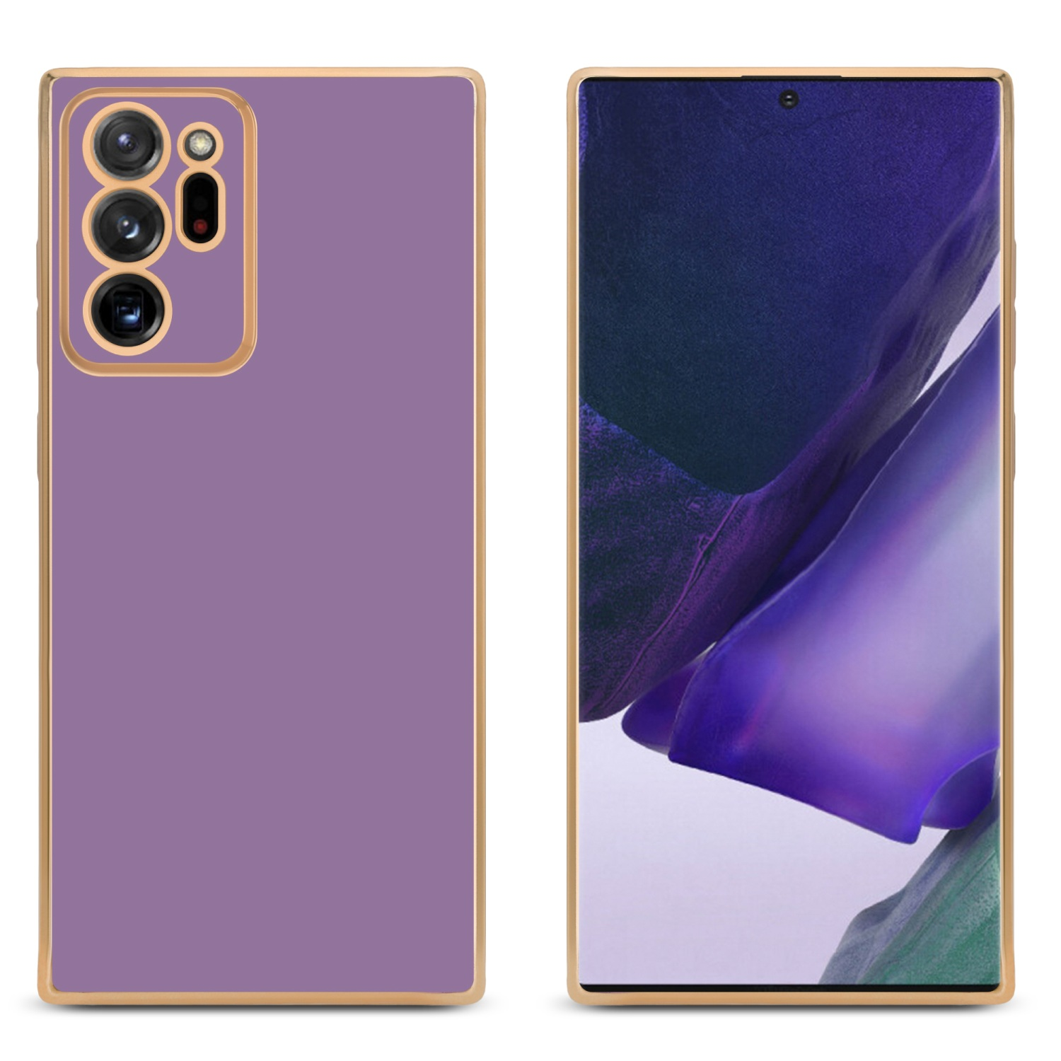 Lilafarbene Handyhülle mit Goldrand, Telefon innen, Rückseite zeigend.