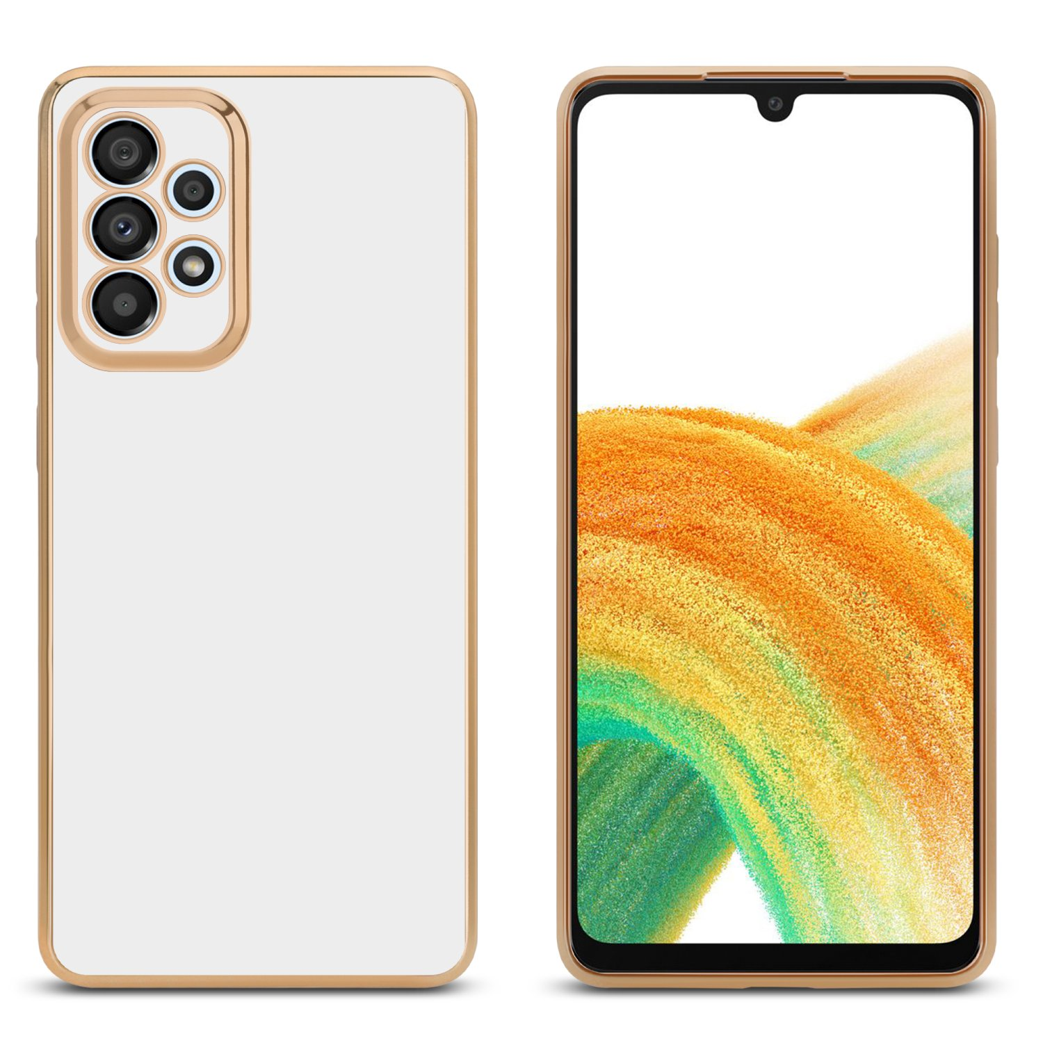 Eine weiße Handyhülle mit goldenem Rahmen neben einem Telefon. Das Telefon ist weiß und gold.