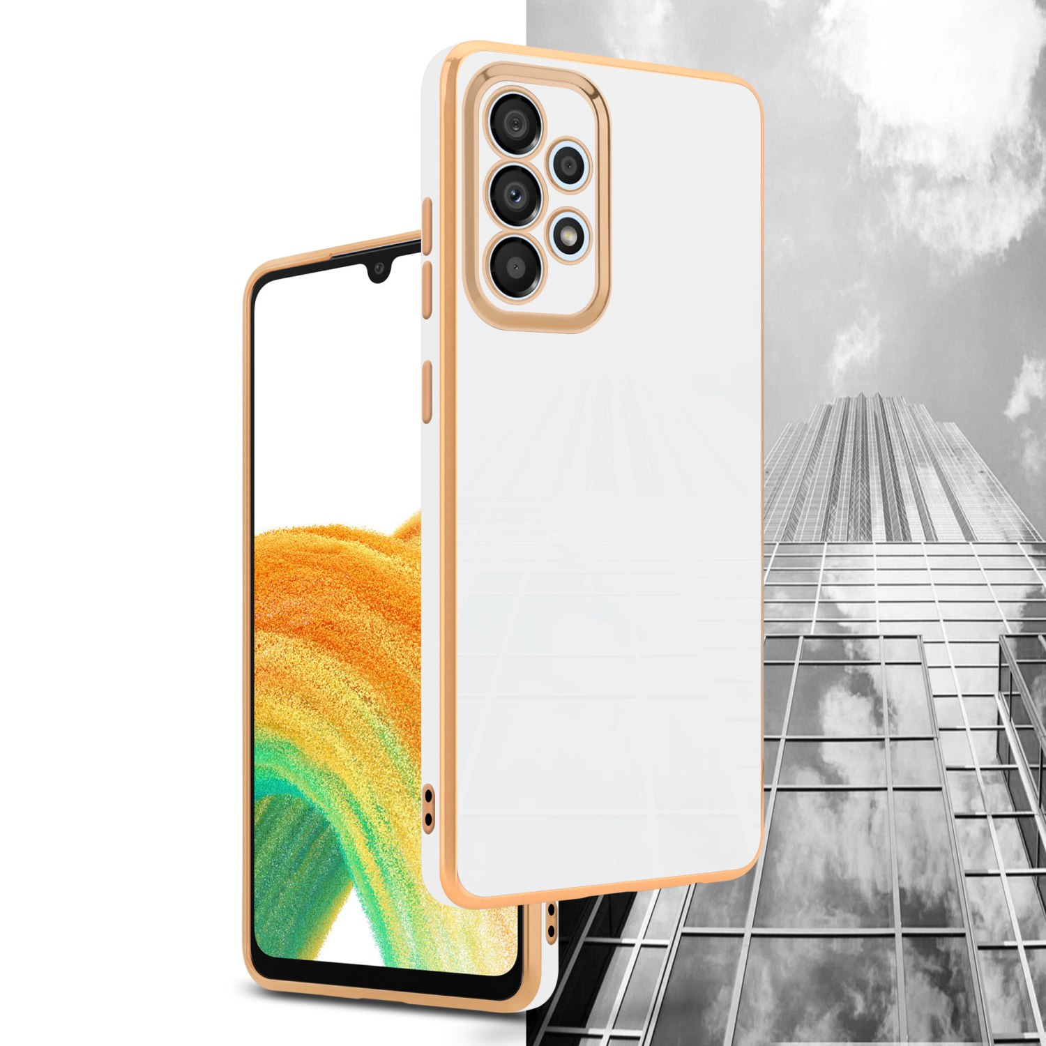 Weiß-goldene Handyhülle mit Telefon und Hintergrund eines Wolkenkratzers.