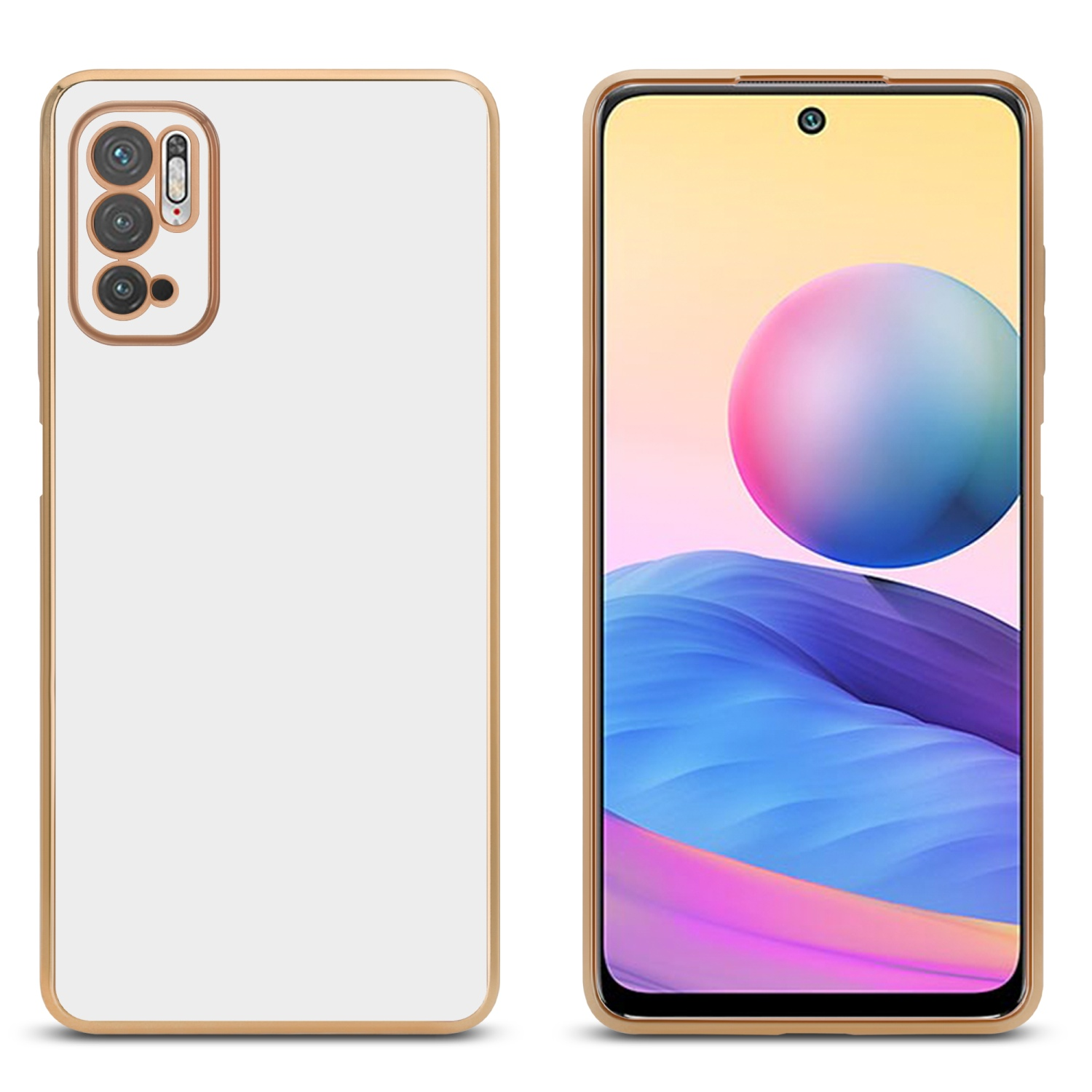Weiße Handyhülle mit Telefon. Telefon zeigt bunten Hintergrund.