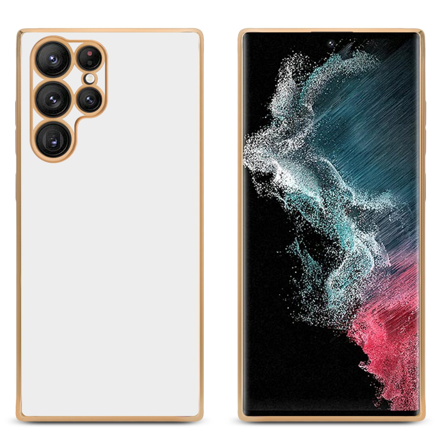 Zwei Telefone in Hüllen. Die Hüllen sind weiß. Telefone haben mehrere Kameras. Der Hintergrund ist weiß und gold.