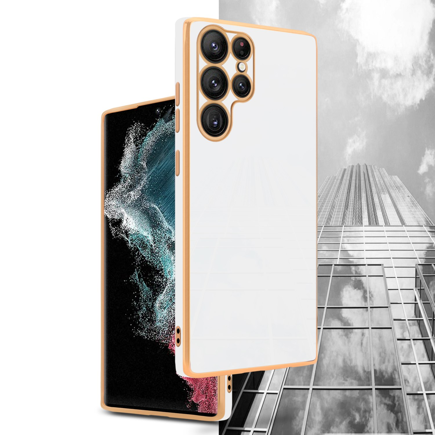 Handyhüllen, die ein weißes Telefon mit goldenem Rand zeigen. Hintergrund ist ein modernes Gebäude und Himmel.