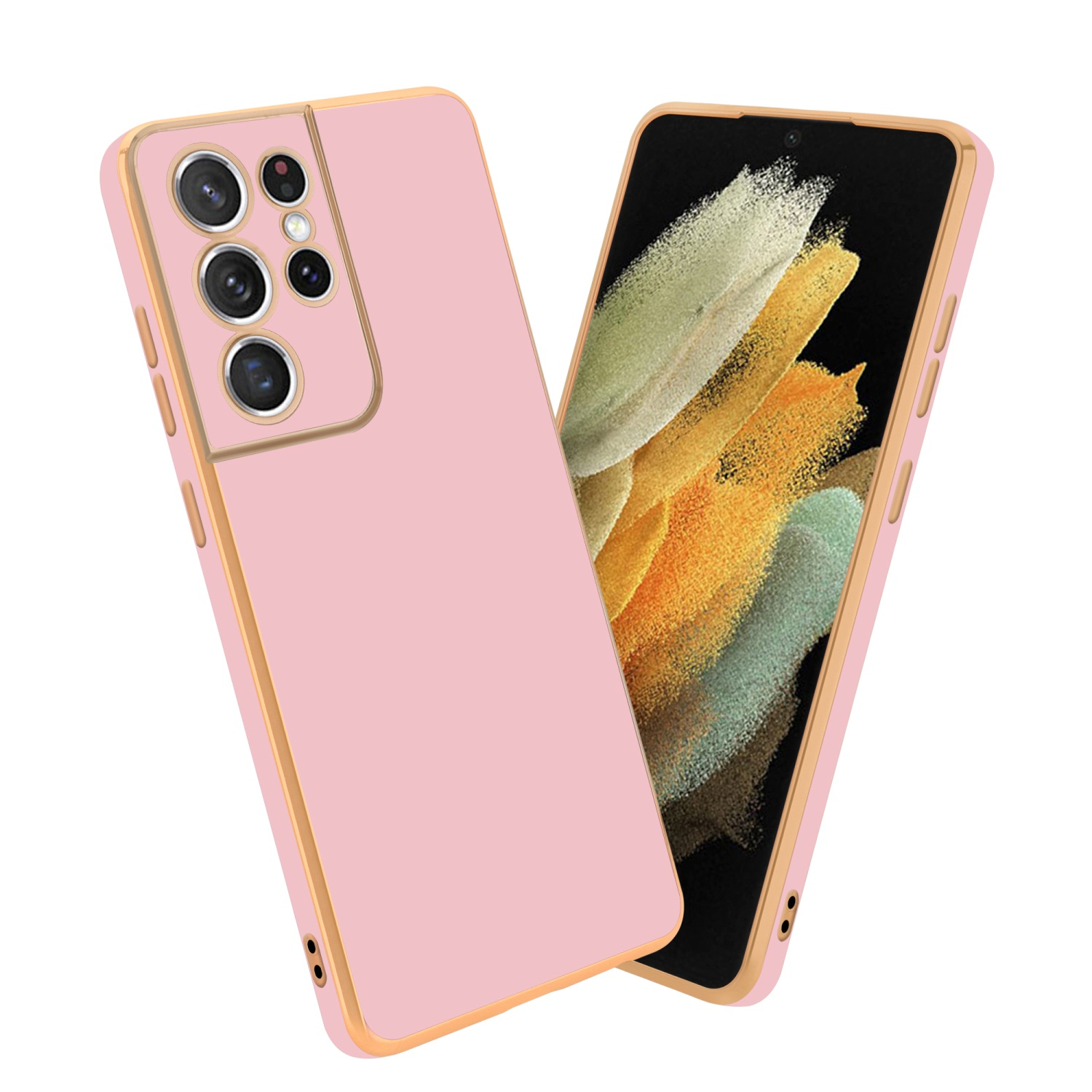 Eine rosa Handyhülle mit goldfarbenem Rand und ein Telefon mit rosa Display.