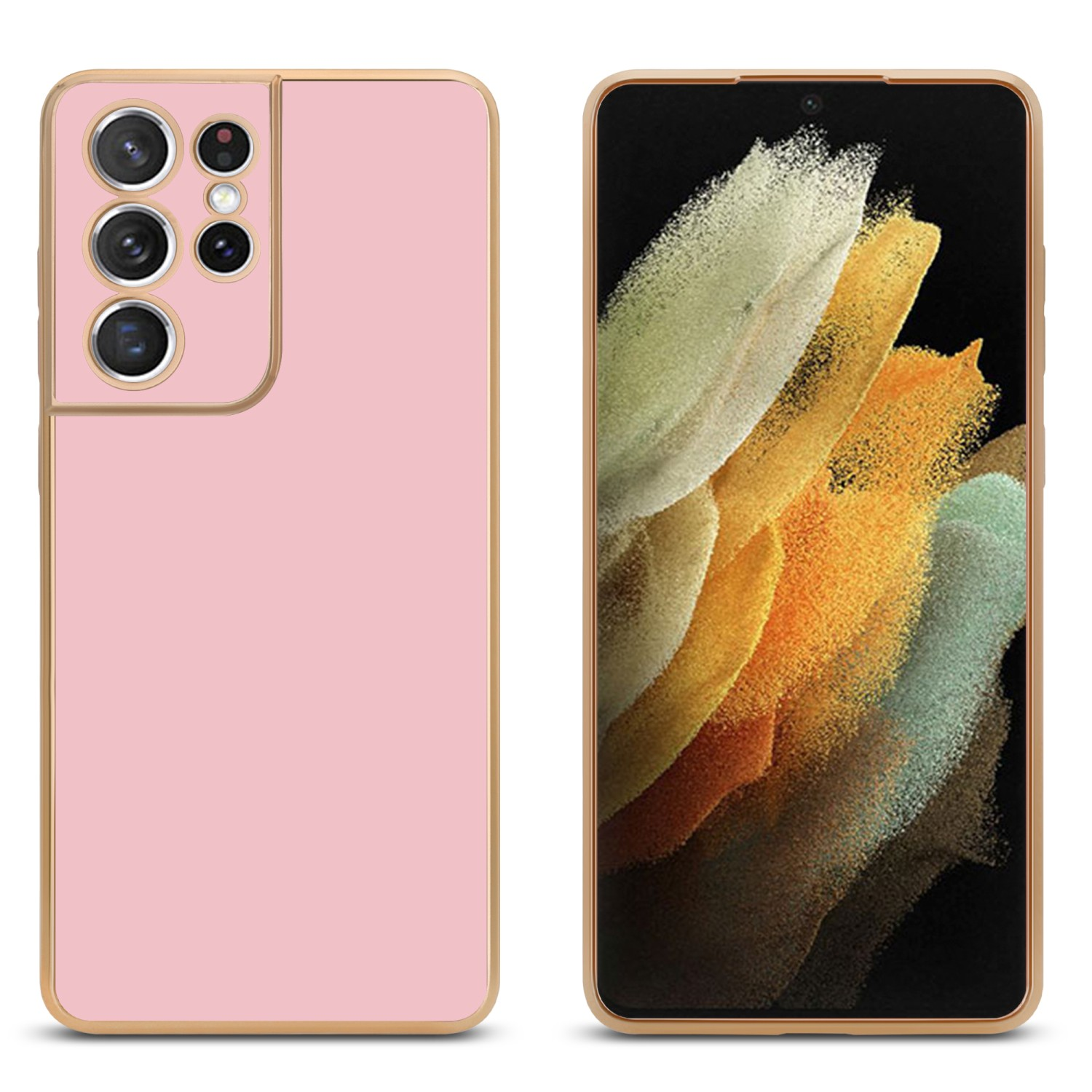 Rosa Telefon und Hülle mit goldenem Rand. Der Bildschirm des Telefons ist sichtbar.