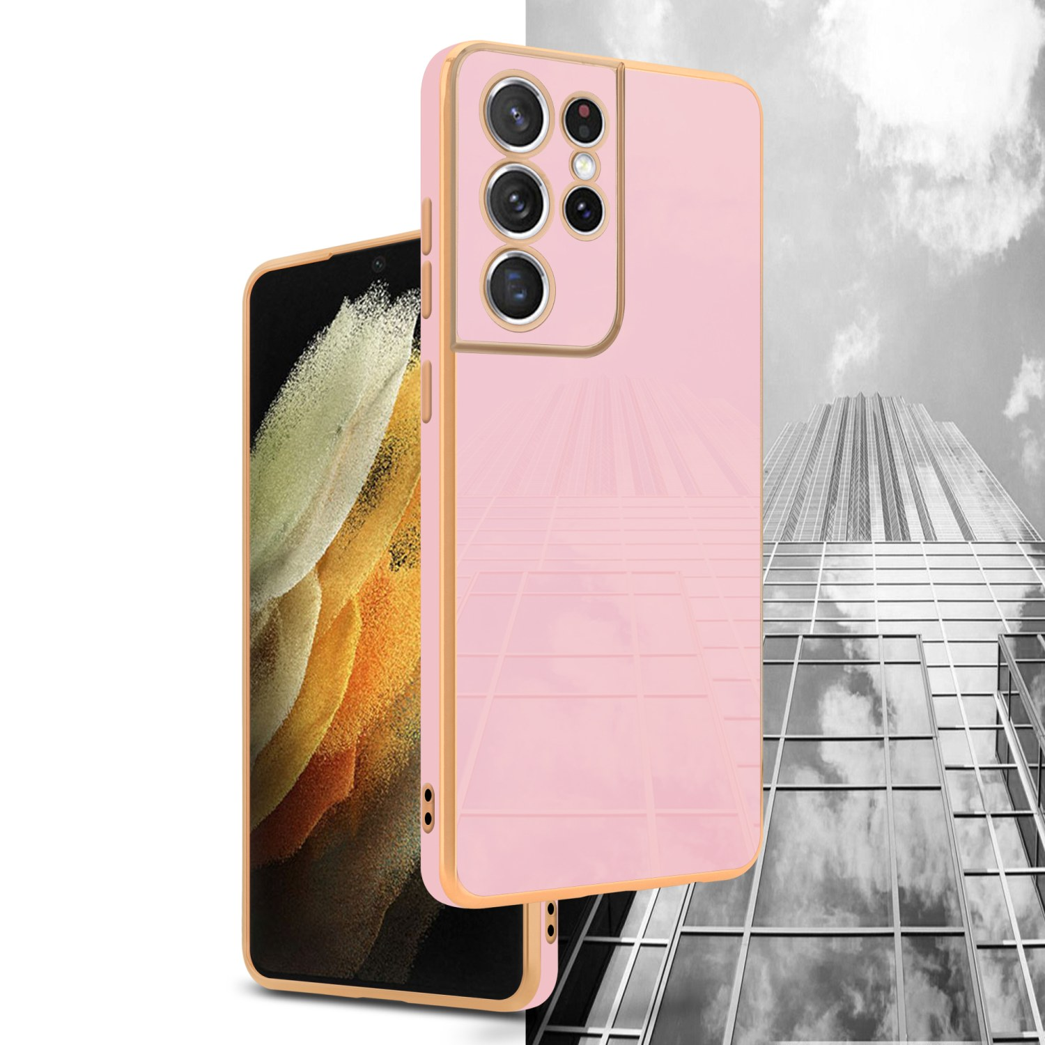 Ein rosa Telefon mit goldenem Gehäuse und einem Gebäude im Hintergrund. Das Telefon ist angelehnt.