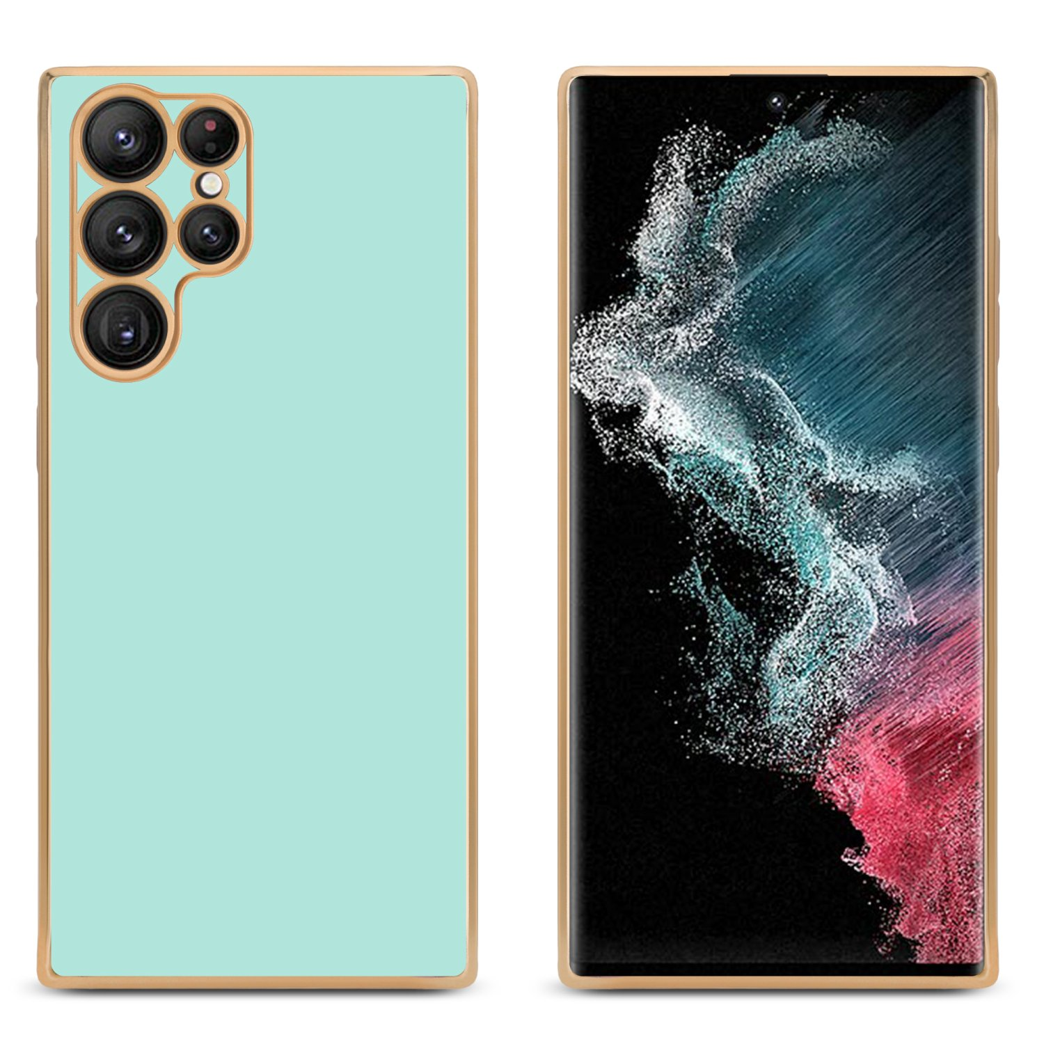 Zwei Telefone. Eines mintfarben, eines mit Bildschirm an. Goldener Rand. Weißer Hintergrund.