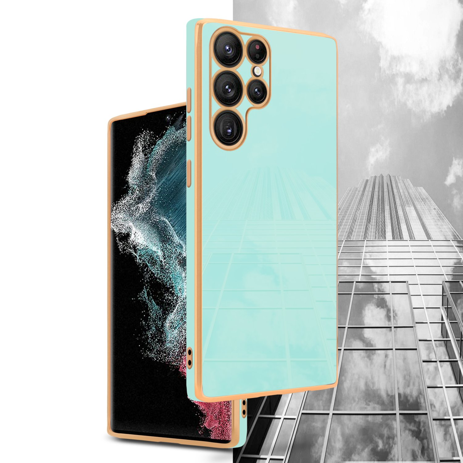 Ein Telefon in einer mintgrünen Hülle mit goldenem Rahmen, vor einem Gebäude und einem schwarz-weißen Himmel.
