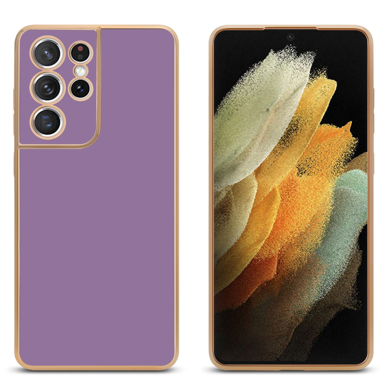 Ein Telefon und eine Handyhülle, beide lavendelfarben mit goldenen Zierleisten. Das Telefon zeigt eine farbenfrohe Anzeige.