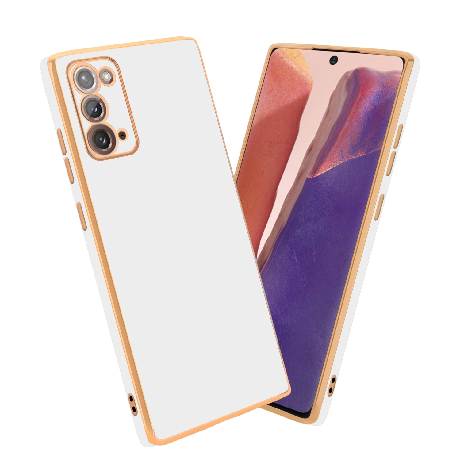 Weiße Handyhülle mit goldenem Rahmen und ein Handy mit weißem Bildschirm. Das Handy ist rechts.