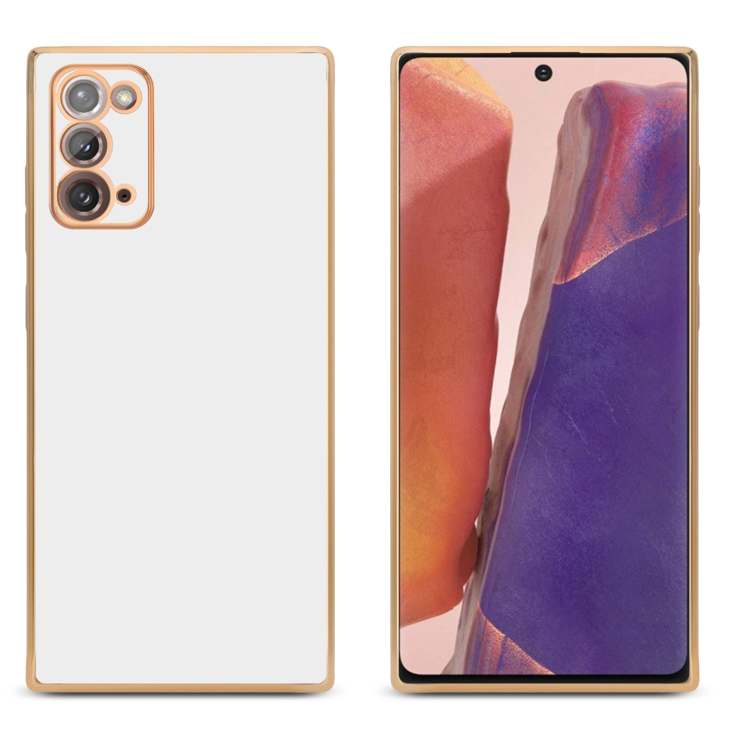 Weiße Handyhülle mit goldenem Rand und Kameraausschnitt. Der Telefonbildschirm zeigt ein buntes Bild.