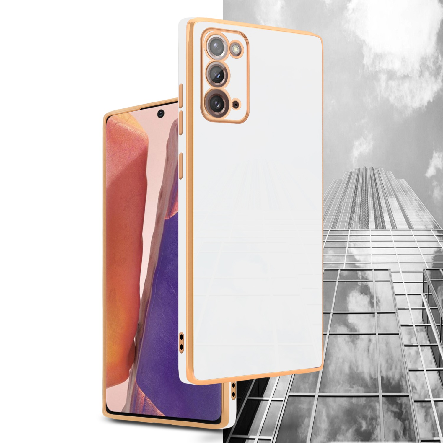 Eine weiße Handyhülle mit goldenen Akzenten, neben dem Telefon. Der Hintergrund ist ein Gebäude.