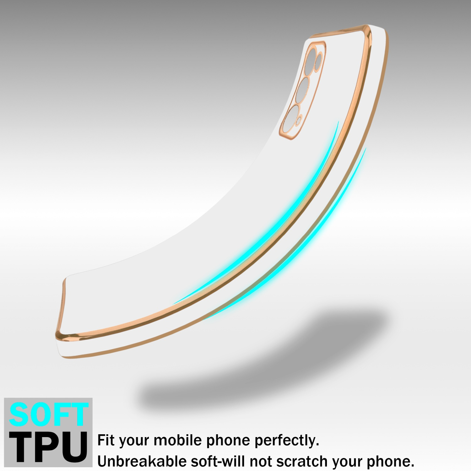 Weiße Handyhülle mit goldenen Kanten. Text sagt 'SOFT TPU'. Das Telefon hat einen Schatten.