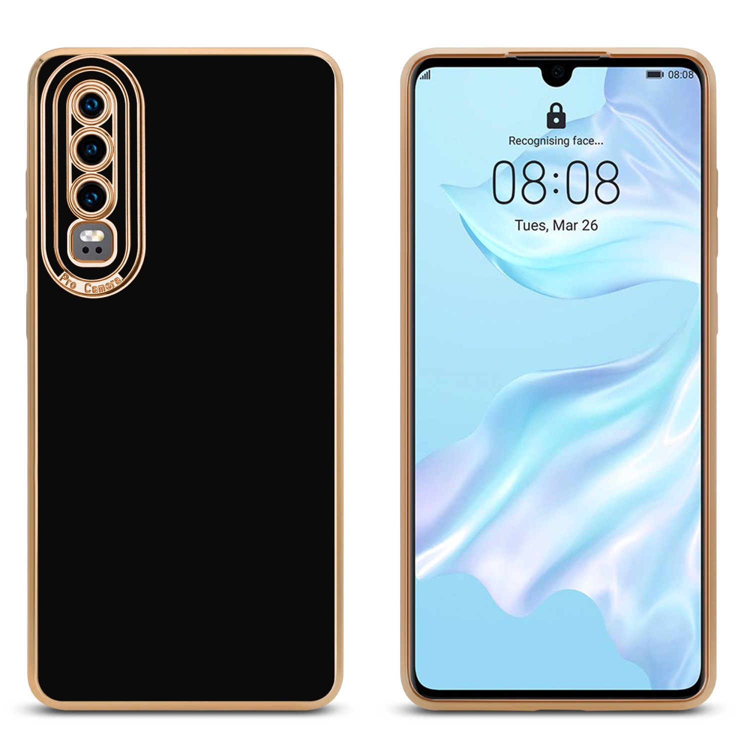 Schwarze Handyhülle mit goldfarbenem Rand und ein Telefon mit Uhranzeige.