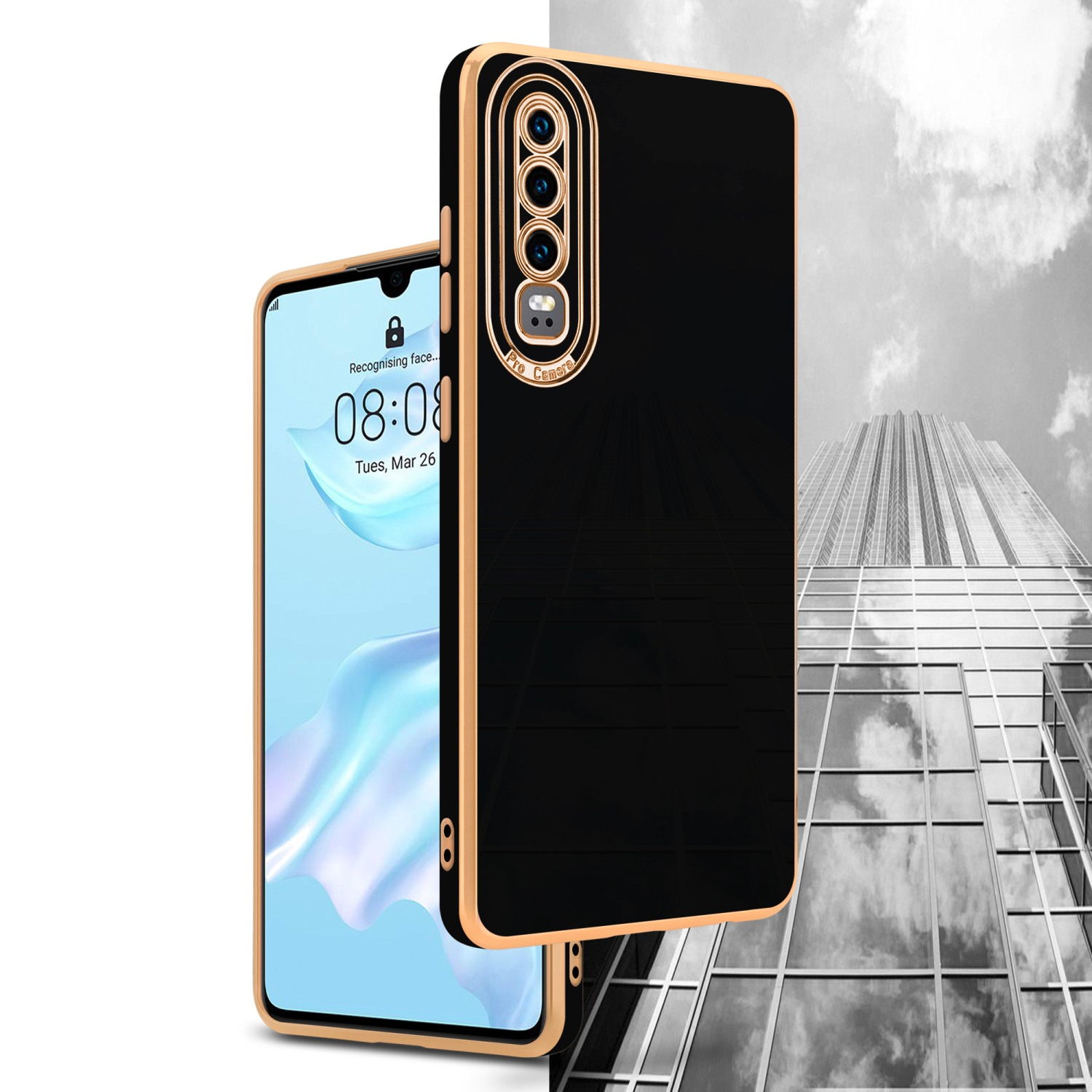 Schwarze Handyhülle mit goldenen Rändern, das Telefon zeigt die Uhrzeit und ein Gebäude im Hintergrund.