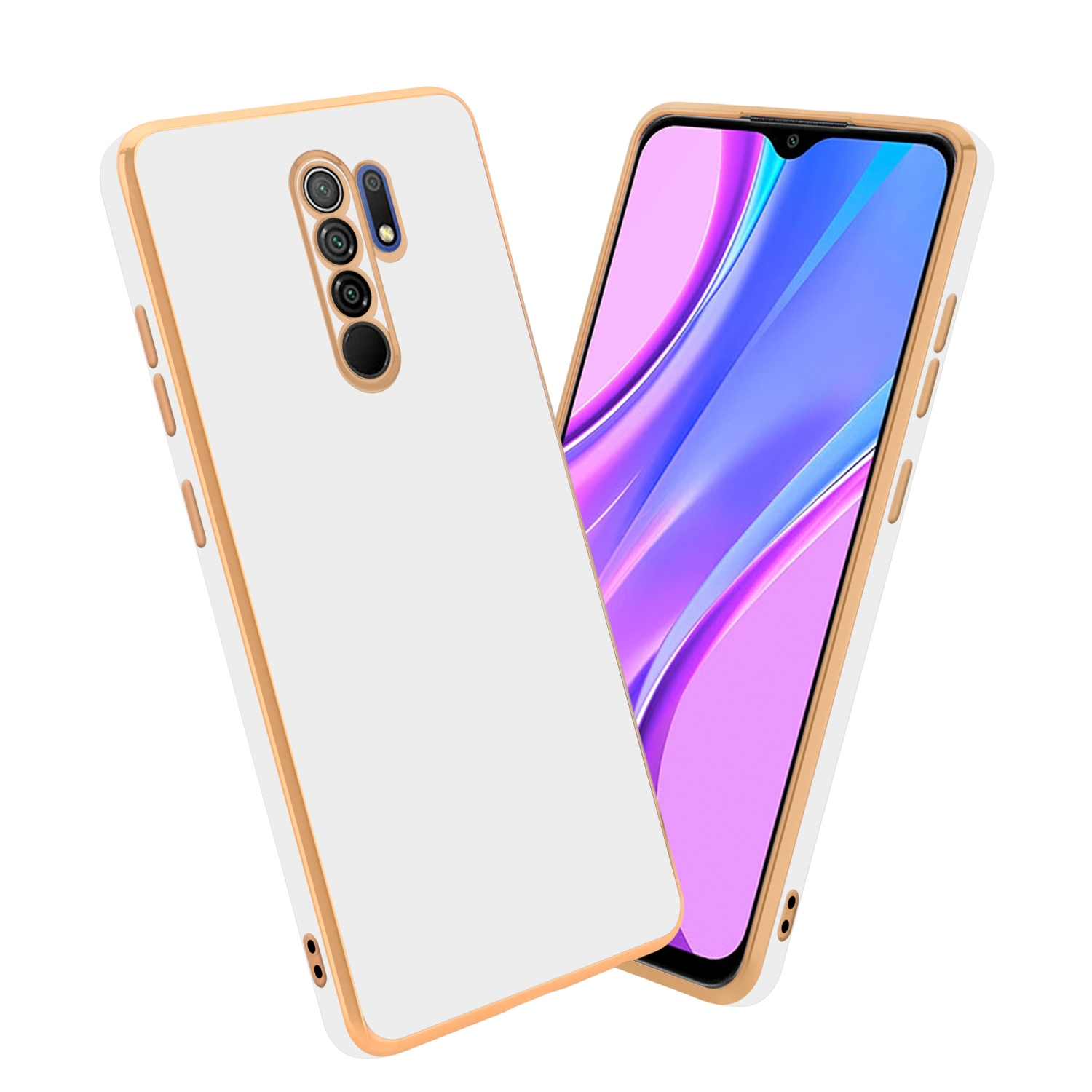 Weiße und goldene Handyhülle mit drei Kameras. Ein Telefon mit blau-violettem Bildschirm wird daneben angezeigt.