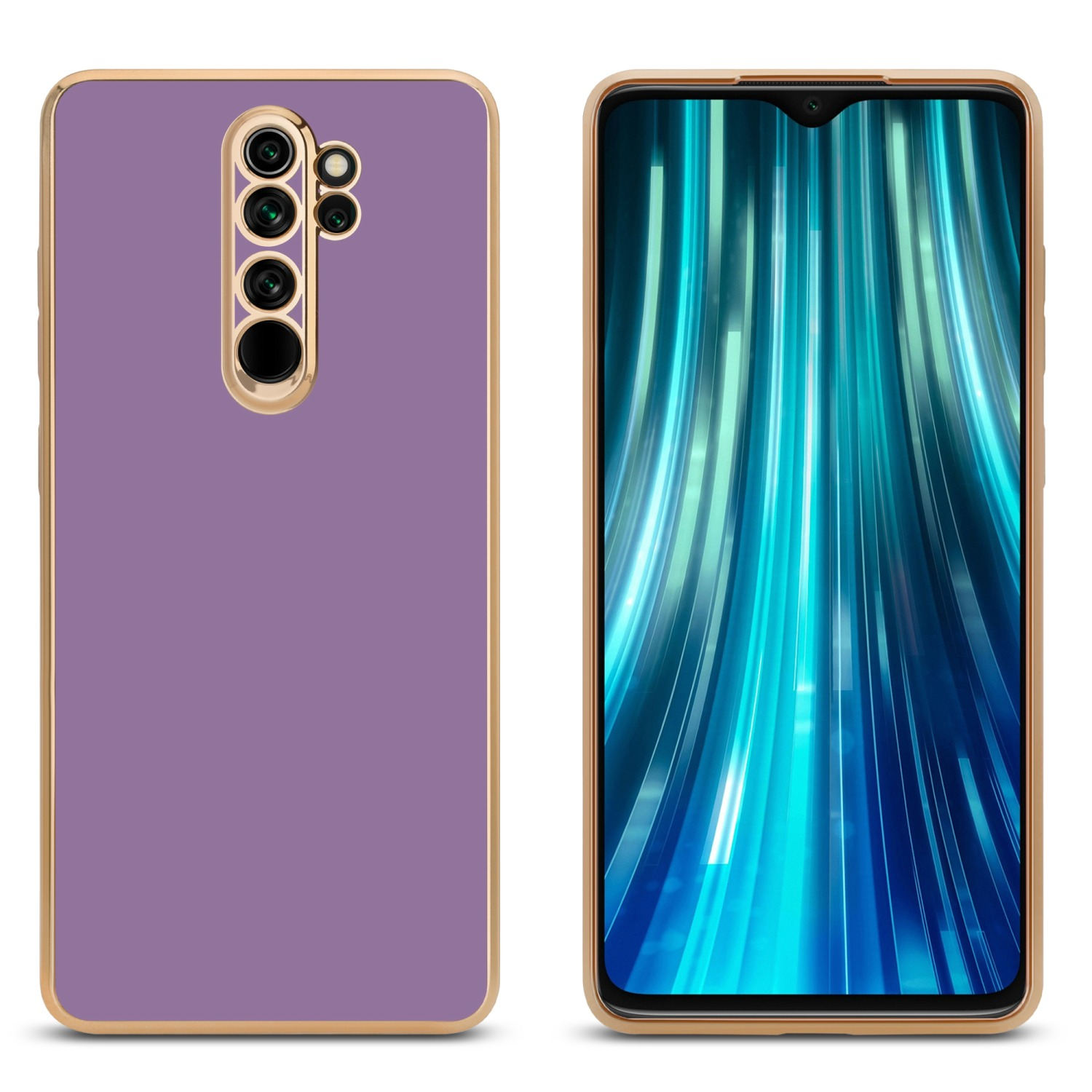 Zwei Smartphones, eine lila Hülle mit goldenem Rand, das andere mit blauem Bildschirm, beide auf weißem Hintergrund.