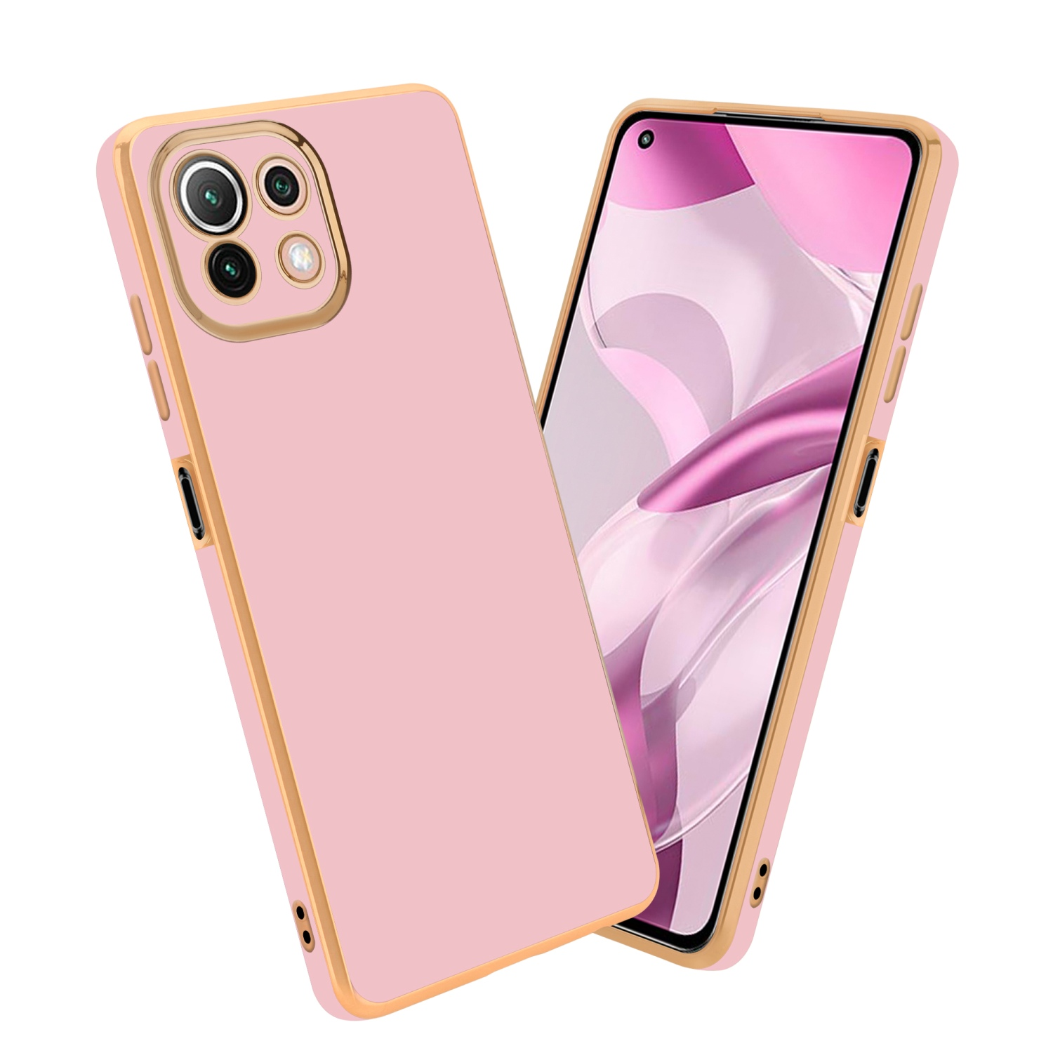 Rosa Telefon und Hülle mit goldenem Rand. Telefon zeigt pink-lila Hintergrund.