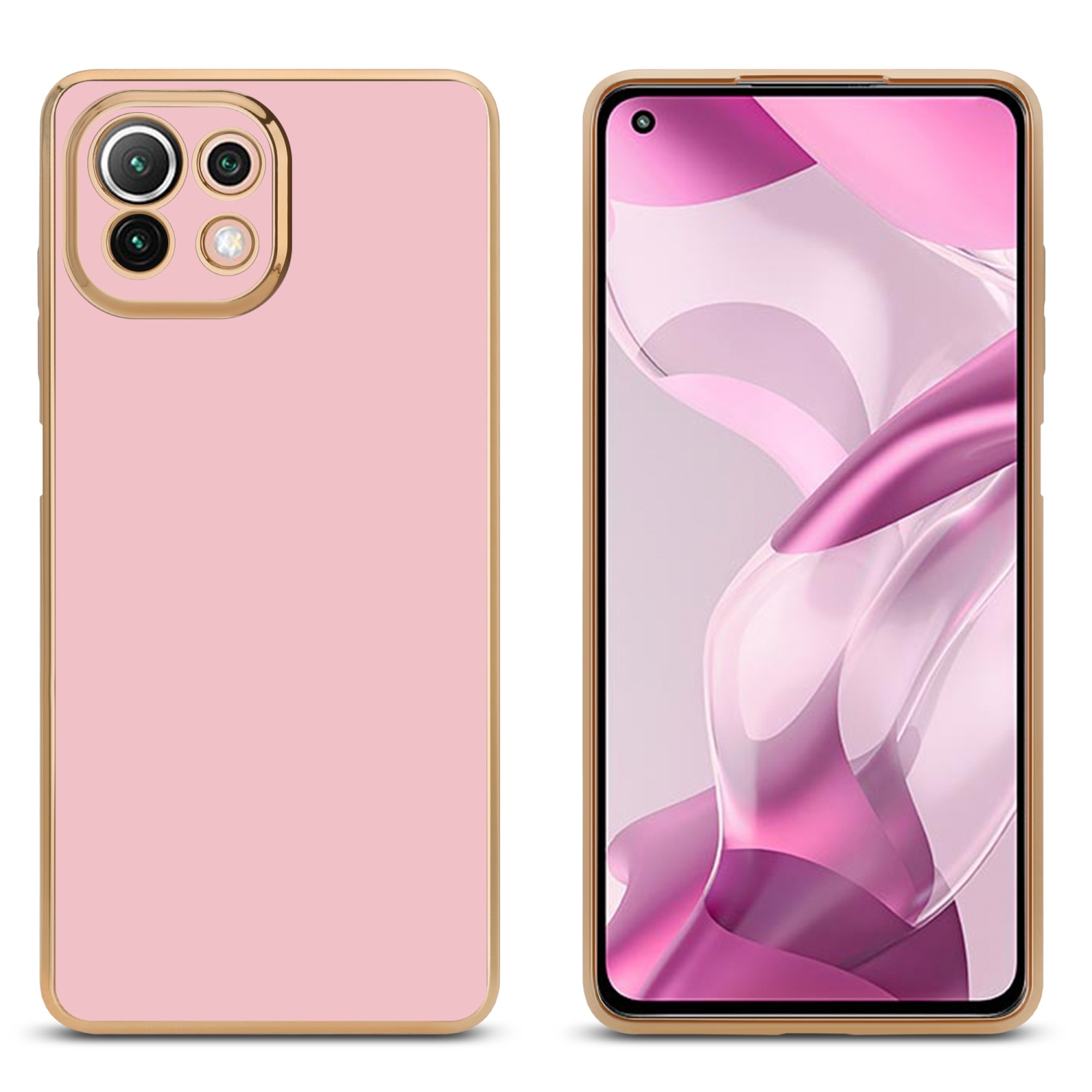 Rosa Handyhülle mit goldenem Rand und Telefonbildschirm rechts.
