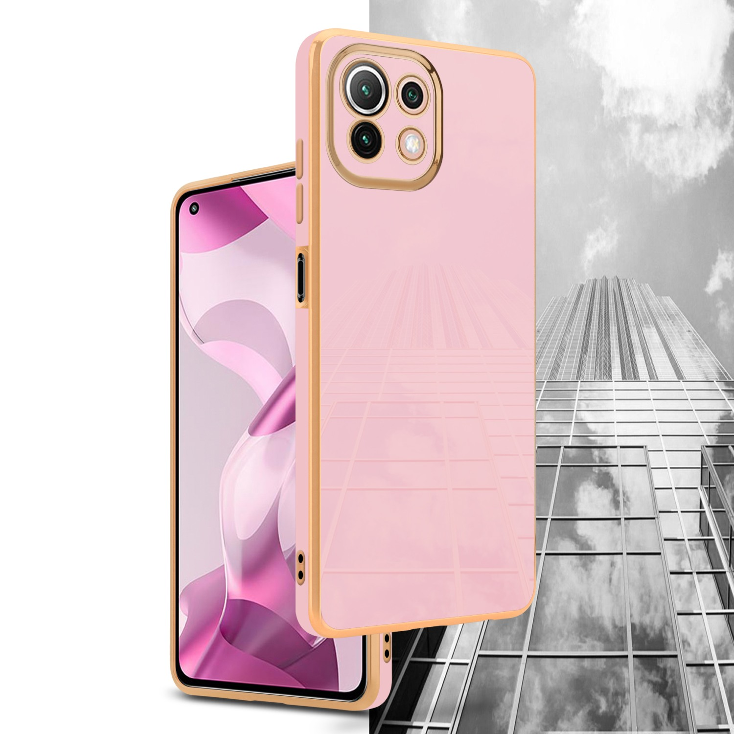 Telefon und Handyhülle, rosa mit goldenem Rahmen. Hintergrund ist ein Wolkenkratzer.