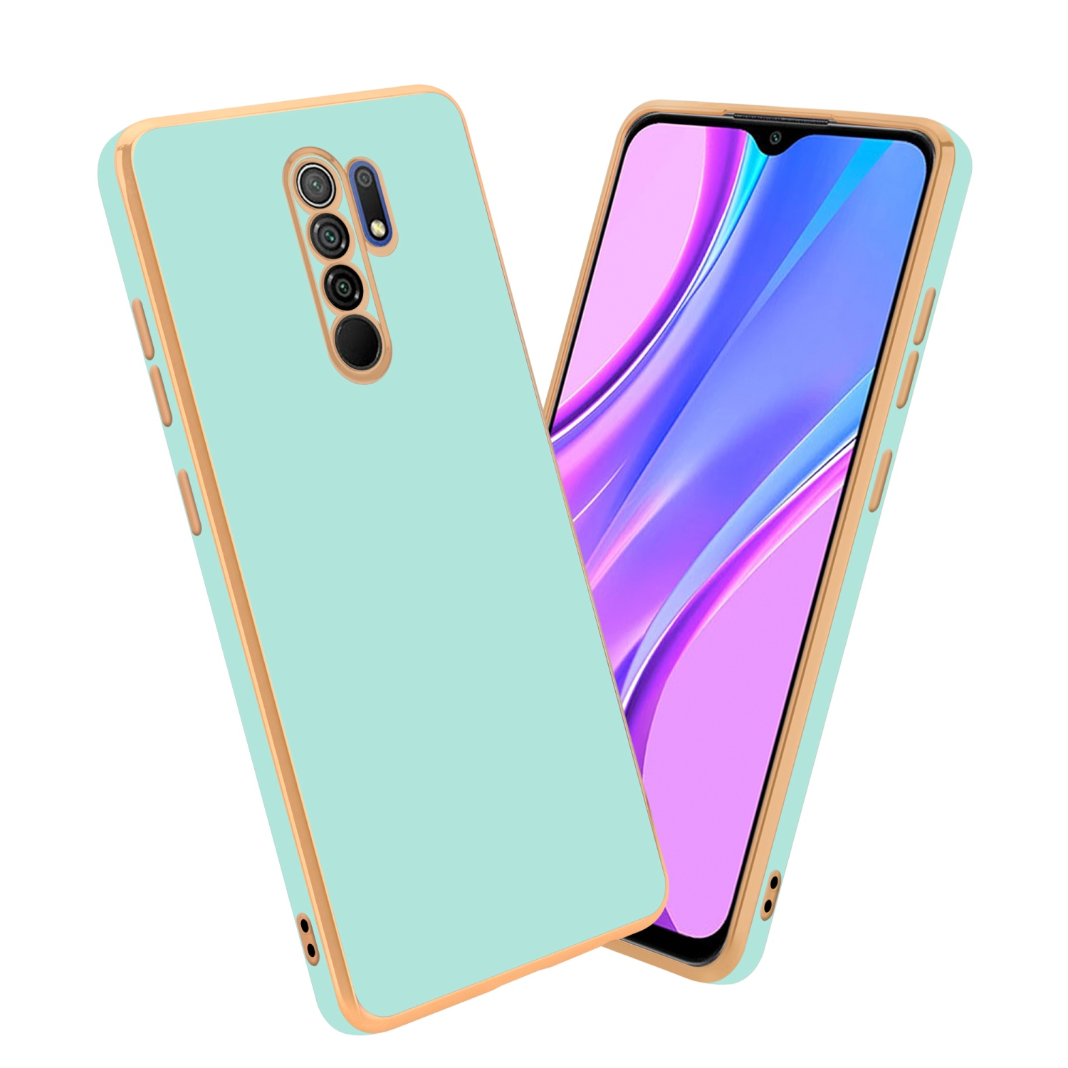 Eine mintgrüne Handyhülle mit goldenem Rahmen und einem Telefon. Das Telefon hat einen blauen Hintergrund.