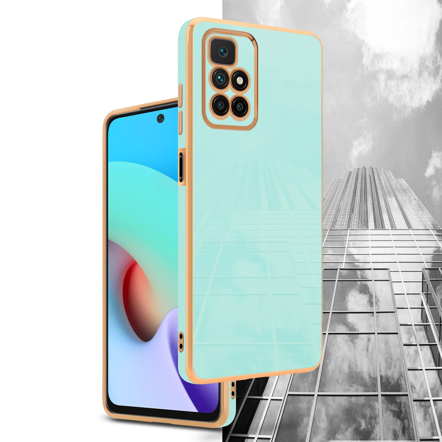 Telefon in hellblauer Hülle mit Goldrahmen. Gebäudehintergrund in Schwarzweiß.