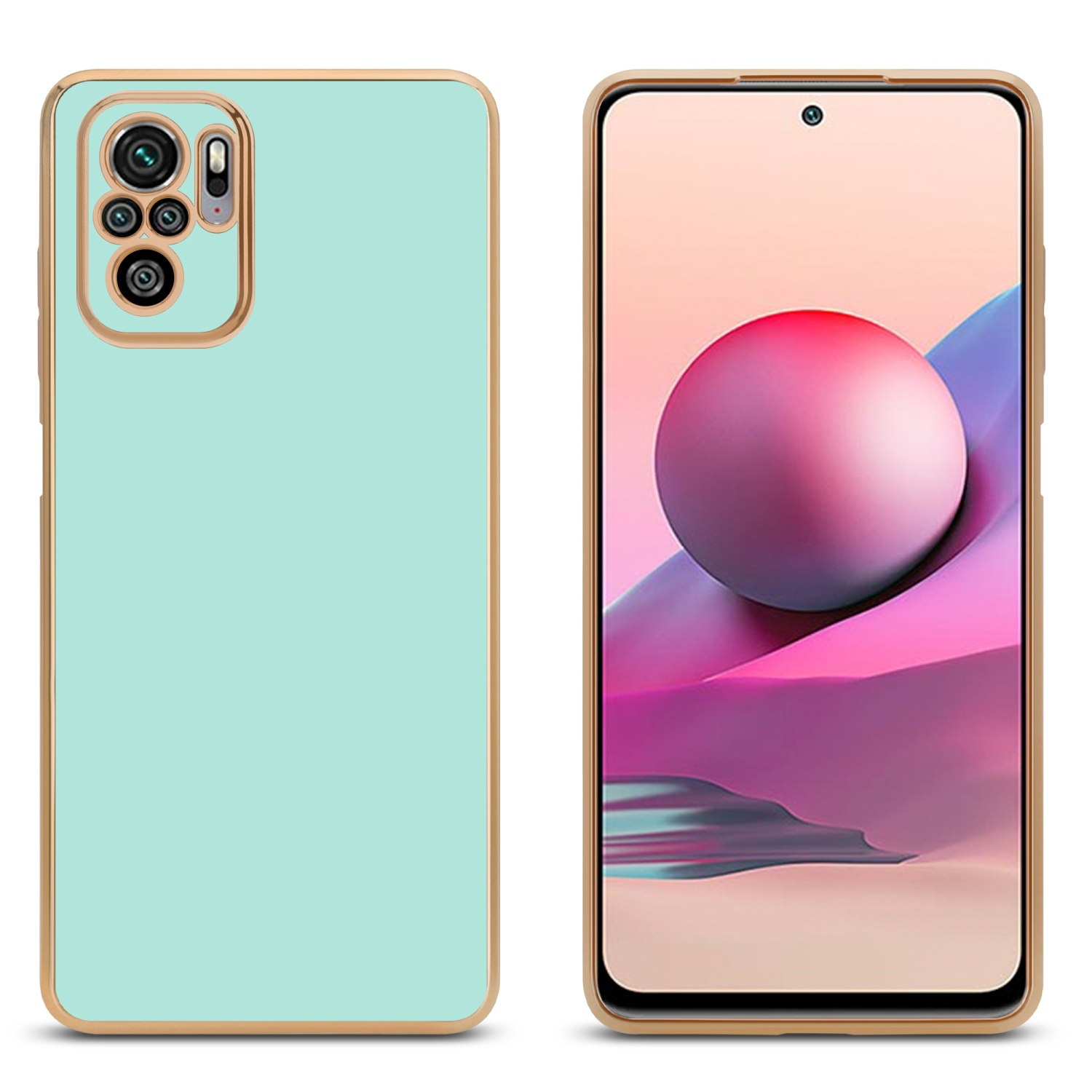 Un telefono e una custodia. Il telefono mostra uno sfondo colorato. La custodia è verde menta con bordi dorati.