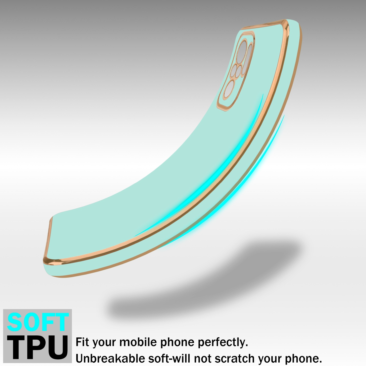 Custodia verde menta con finiture dorate. Il testo "SOFT TPU" è visibile.