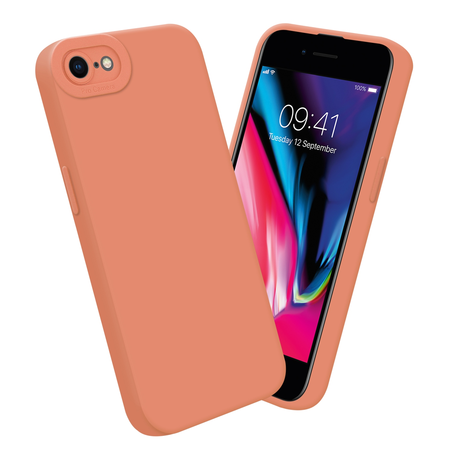Custodia per telefono color pesca con telefono, entrambi su una superficie bianca.