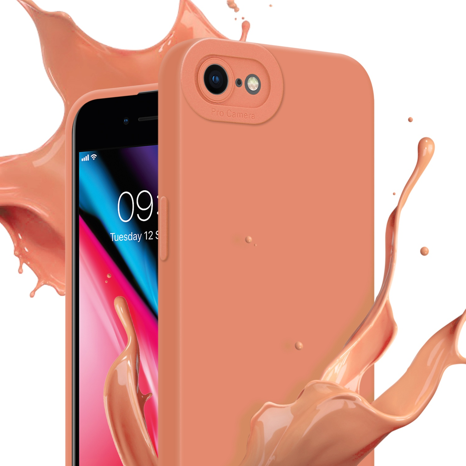 Custodia per telefono color pesca con telefono, schizzi di liquido pesca, sfondo bianco.