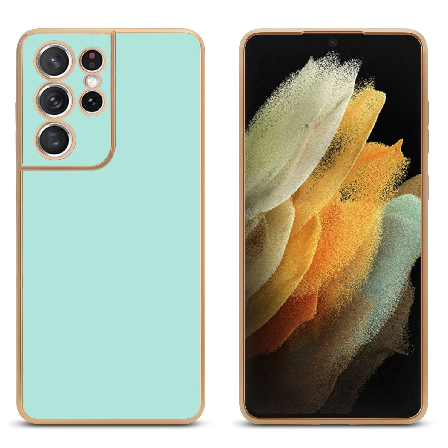 Zwei Telefone. Eines ist mintgrün mit goldenem Rand. Das andere zeigt einen Bildschirm.