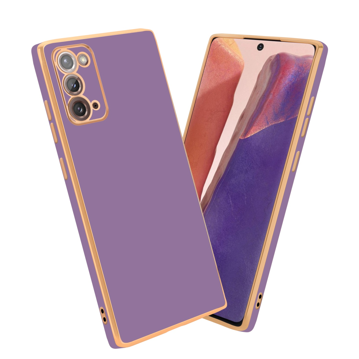 Lila Handyhülle mit goldenem Rand. Telefonbildschirm sichtbar, lila Thema mit Kamera rechts.