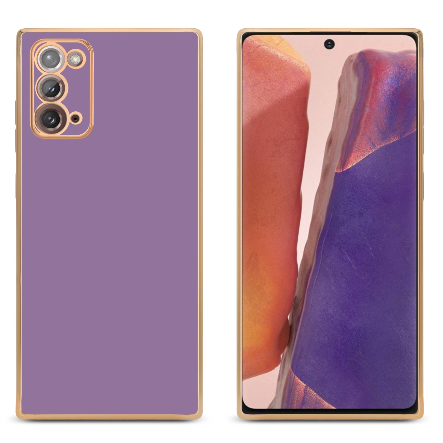 Lila Handyhülle mit goldenem Rahmen. Telefonanzeige zeigt einen bunten Hintergrund.