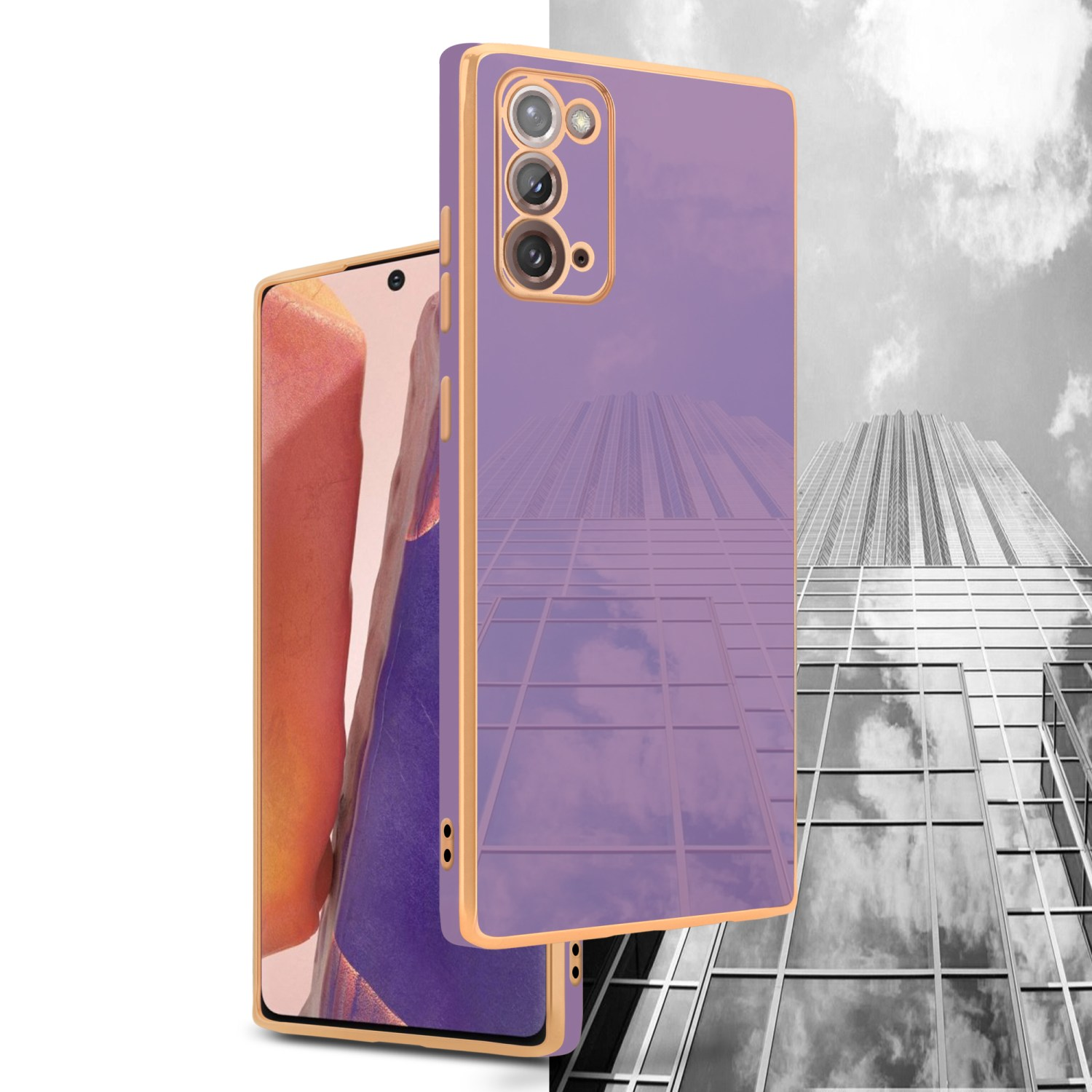 Zwei Telefone mit verspiegelten Hüllen. Eines ist ein Telefon, das andere ein Gebäude. Schwarz-Weiß-Hintergrund.