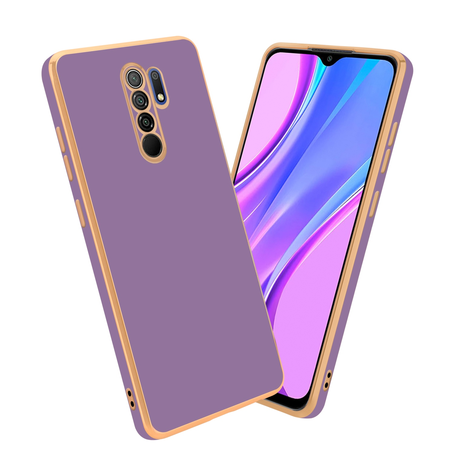 Violette Handyhüllen mit goldenem Rand. Eine Hülle zeigt das Telefondisplay.