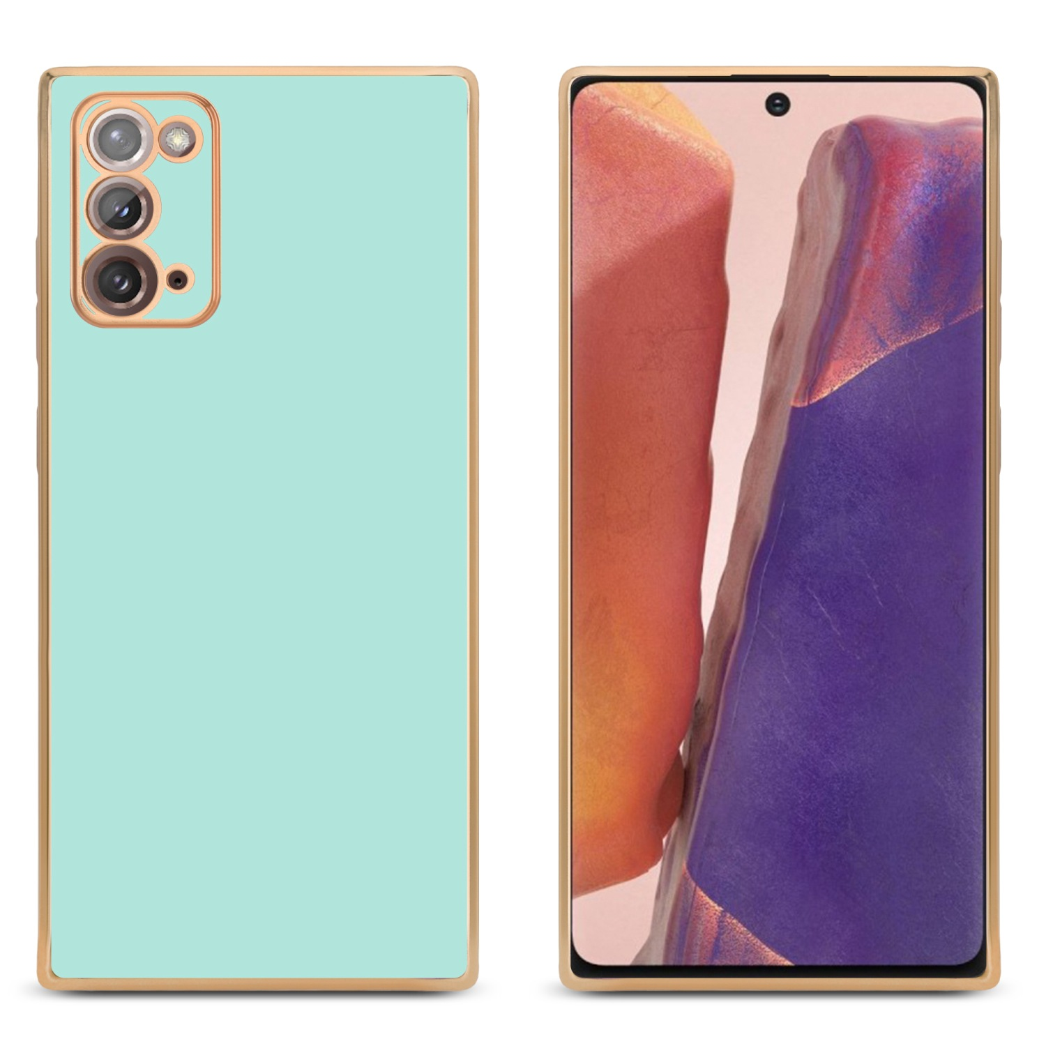 Zwei Telefone, eines mintgrün, eines mit farbenfrohem Bildschirm. Beide in goldfarbenen Hüllen.