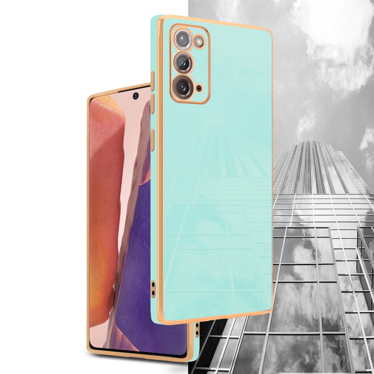 Zwei Telefone in goldgerahmten weißen Hüllen mit Gebäudehintergrund.