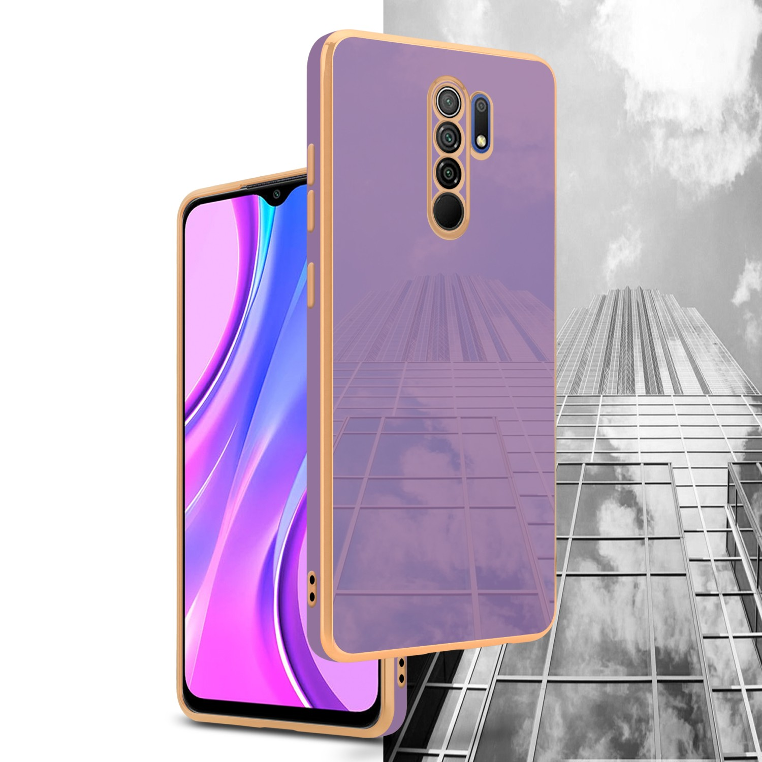 Lila Handyhülle mit goldenen Rändern, Telefon mit Reflexion, vor grauem Wolkenkratzerhintergrund.