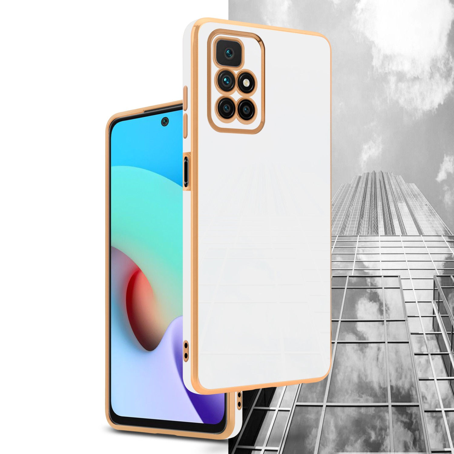 Weiße Handyhülle mit goldenem Rahmen neben einem Telefon mit goldenem Rahmen und einem Gebäude.