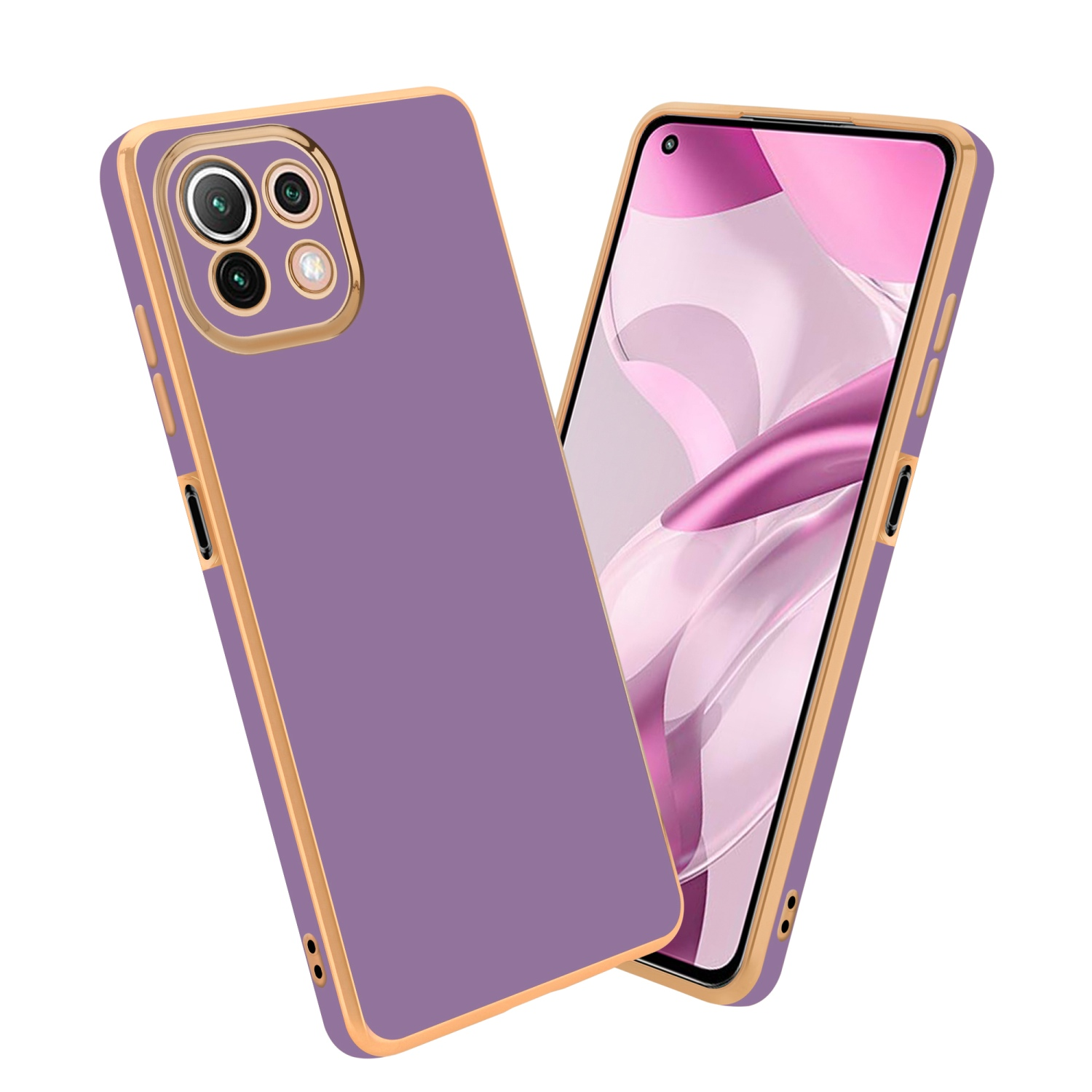 Lilafarbene Handyhülle mit goldenem Rahmen. Telefon zeigt Bildschirm mit rosa und weißem Design.