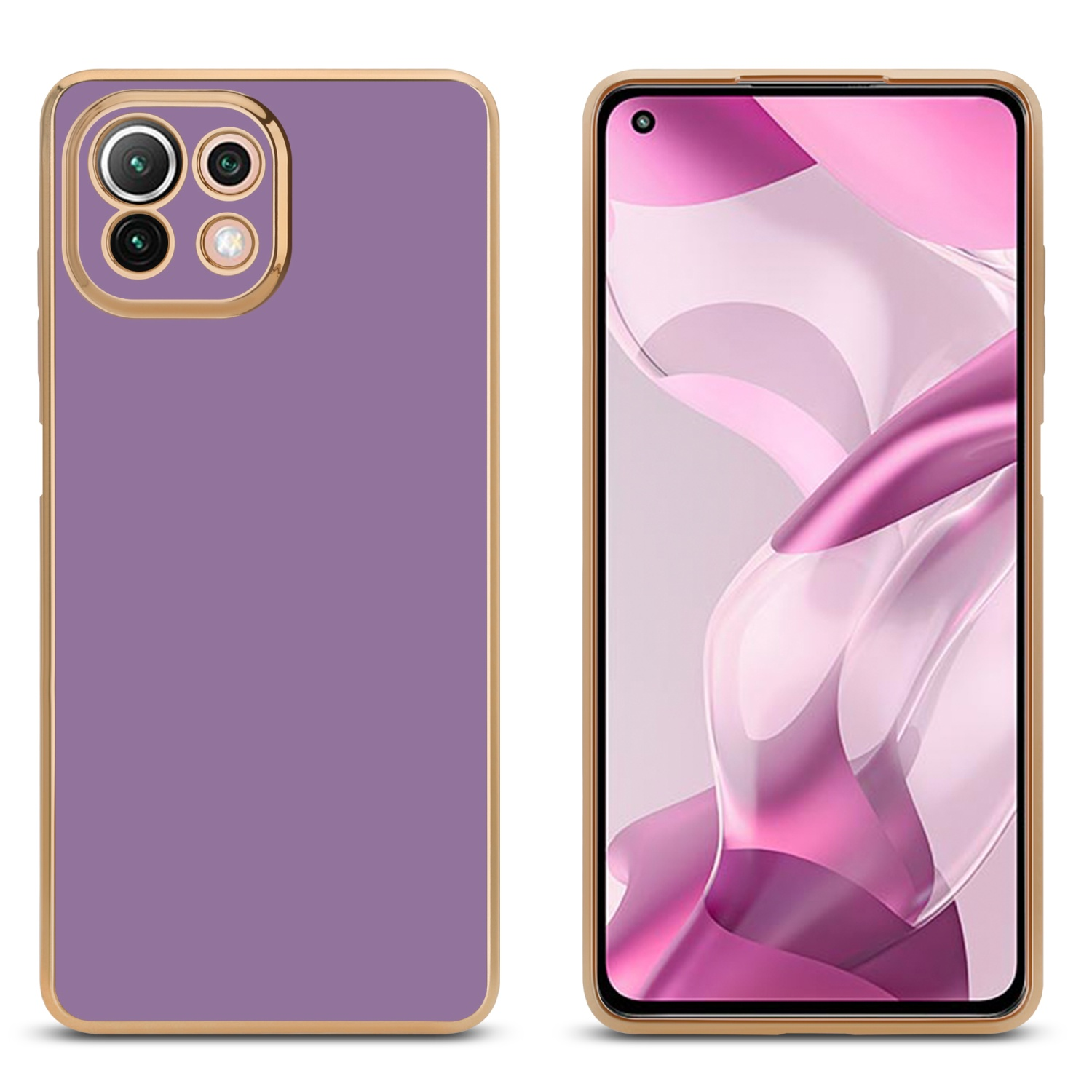 Zwei lila Handyhüllen, eine zeigt Telefonbildschirm, goldener Rahmen.